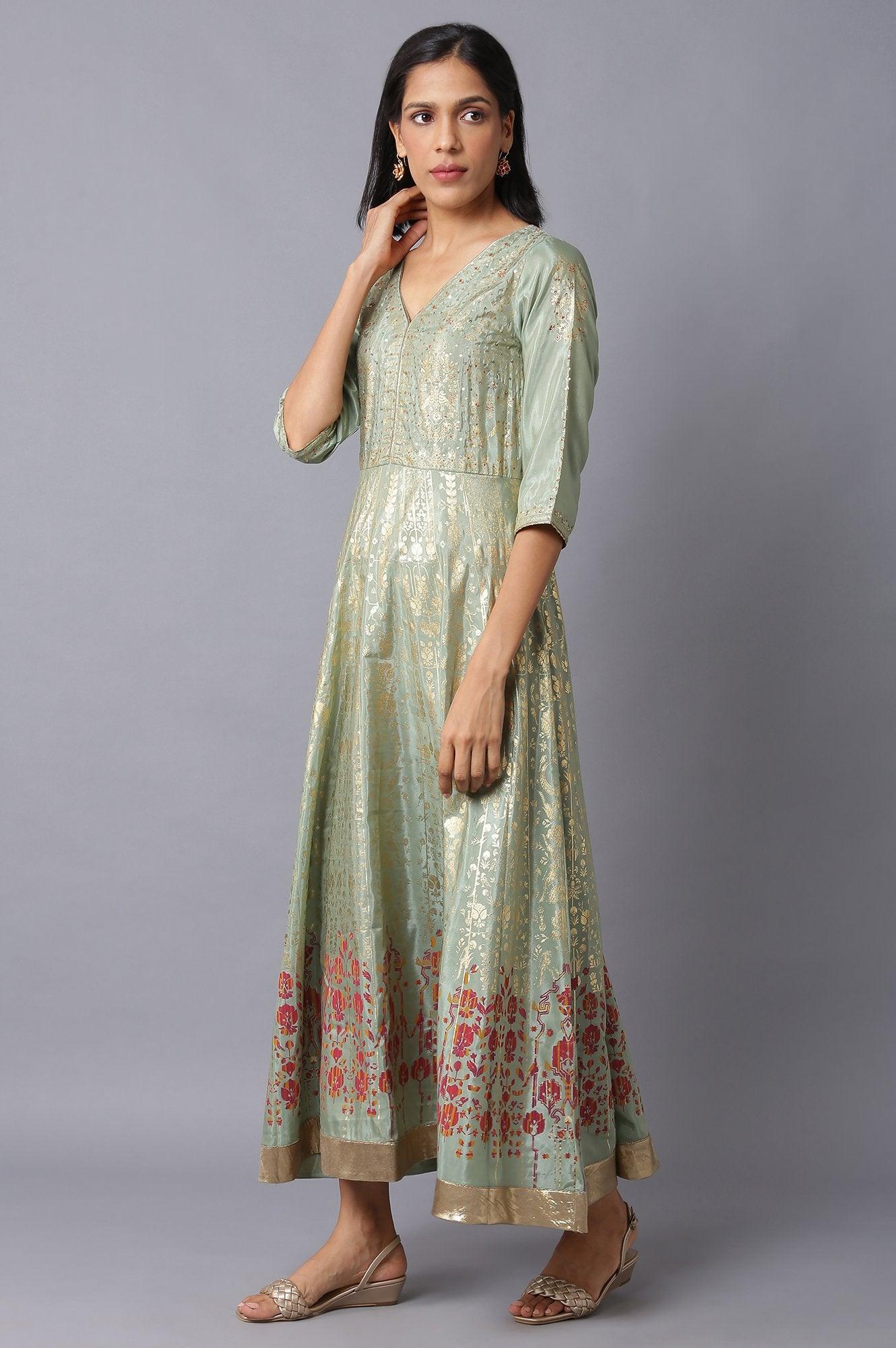 Light Green Floral Printed Long Flared Dress - Image 3