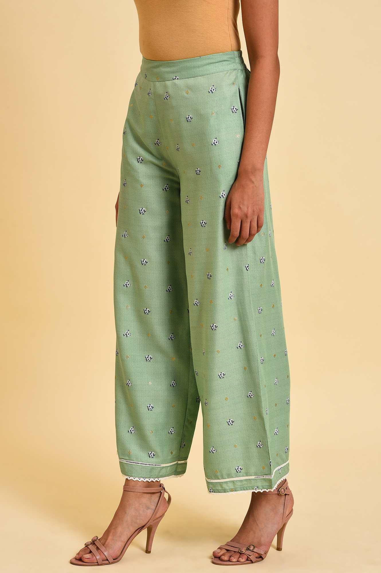 Light Green Floral Printed Parallel Pants - Image 3