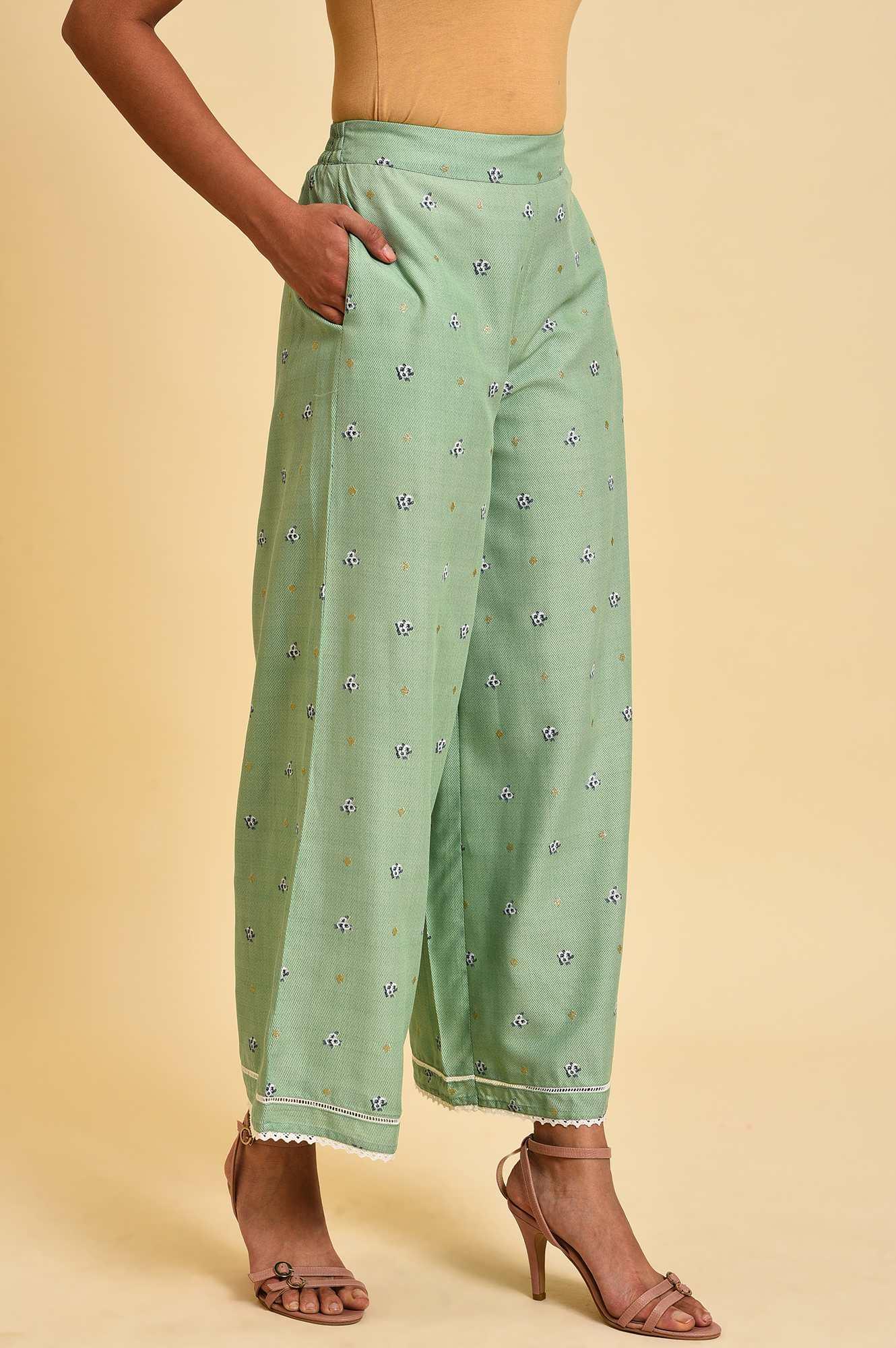 Light Green Floral Printed Parallel Pants - Image 4