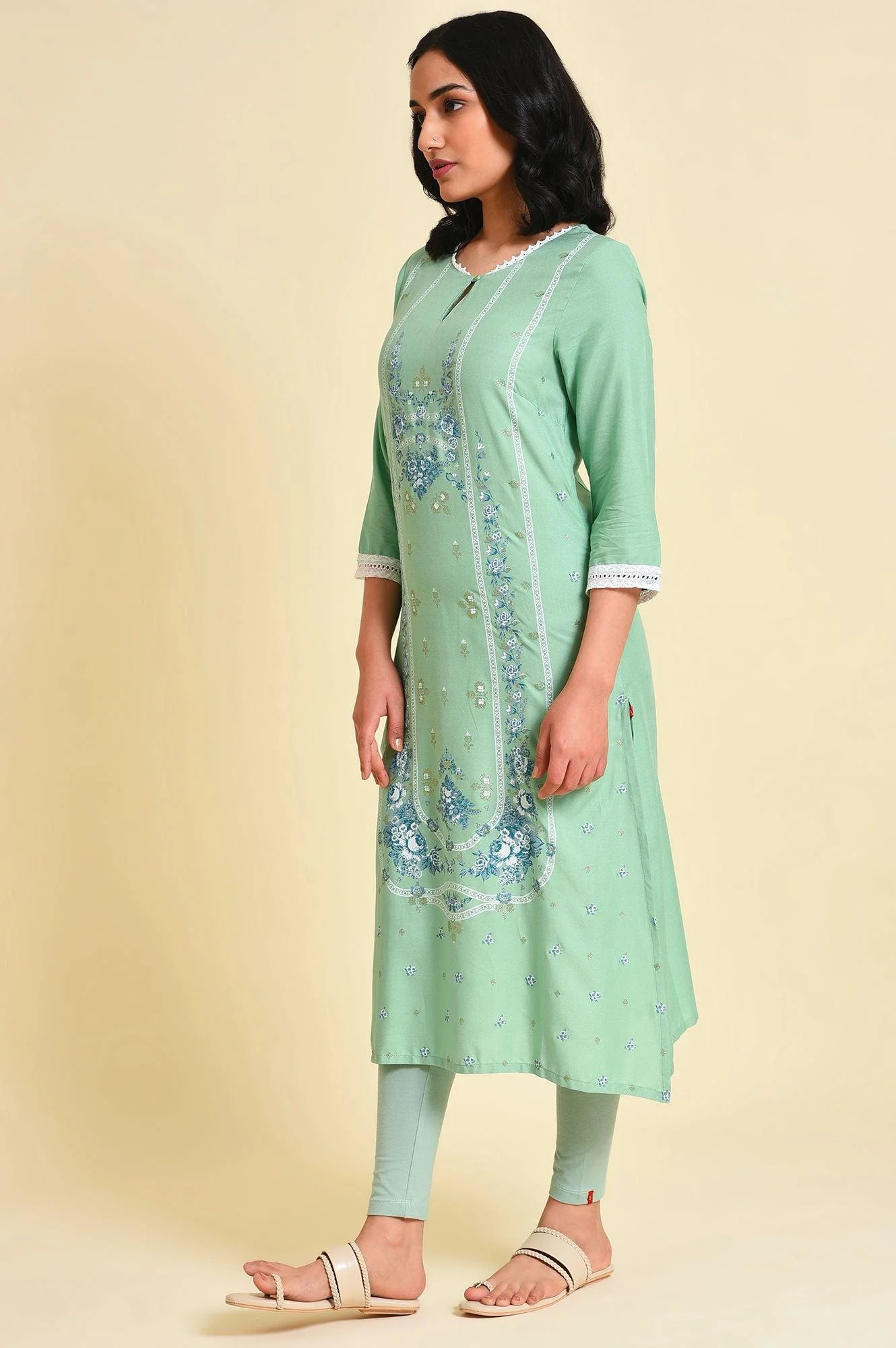 Light Green Glitter Printed Plus Size Straight kurta - Image 3