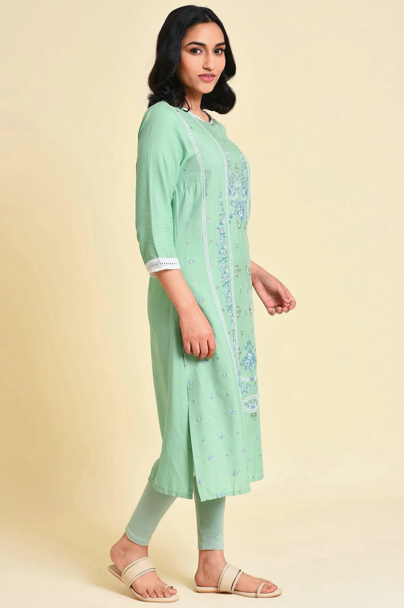 Light Green Glitter Printed Straight kurta - Image 4