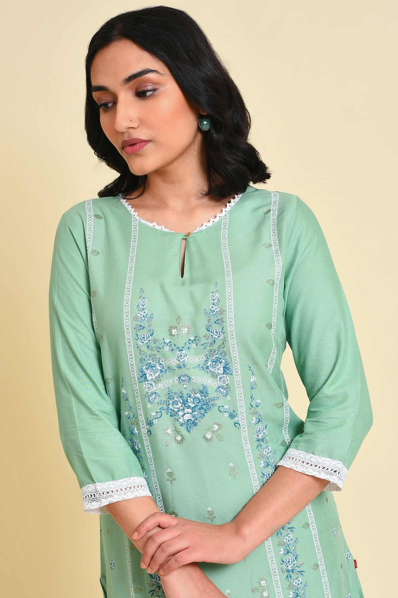 Light Green Glitter Printed Straight kurta - Image 5