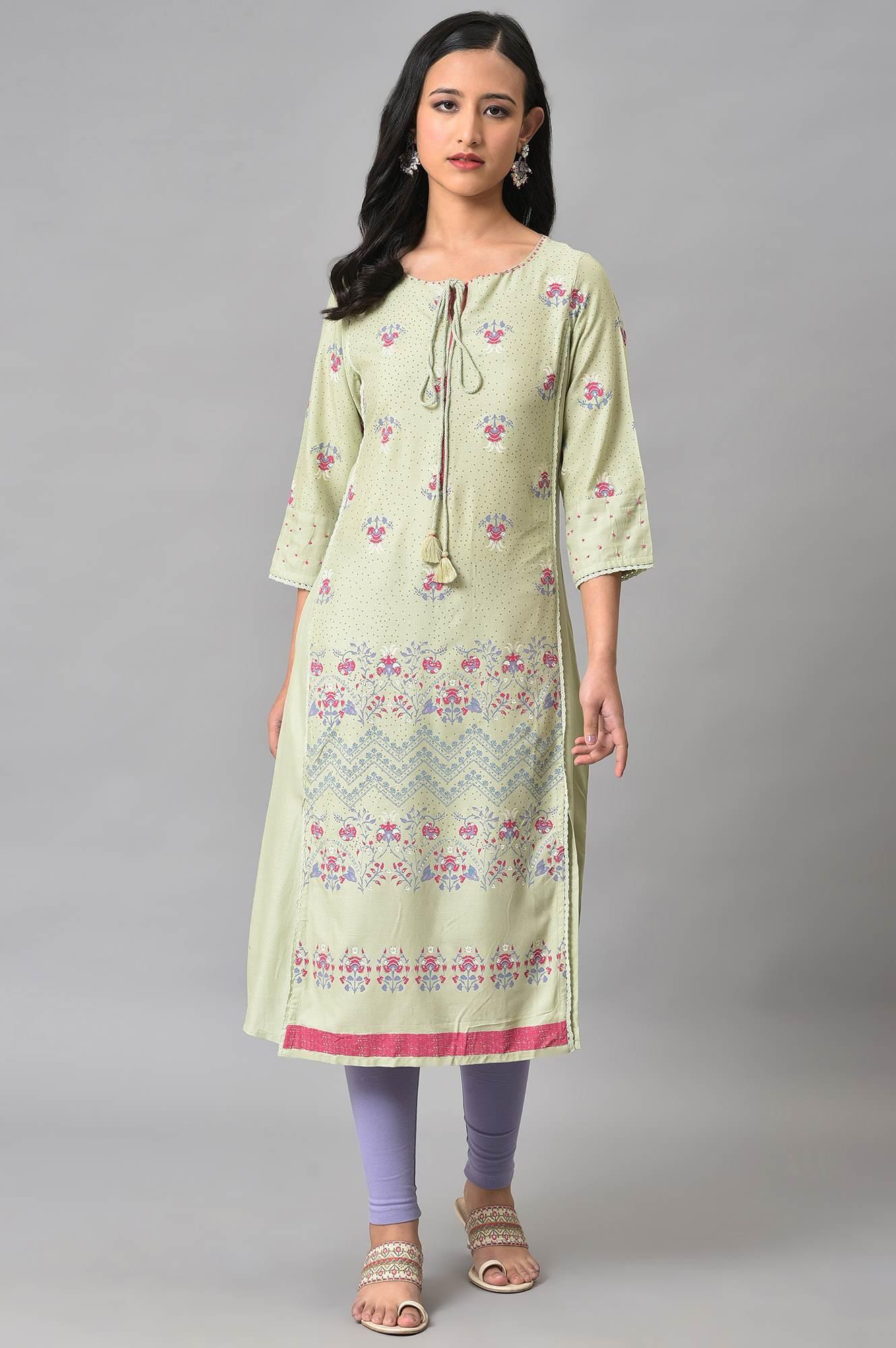 Light Green Mock Layer Printed Plus Size kurta