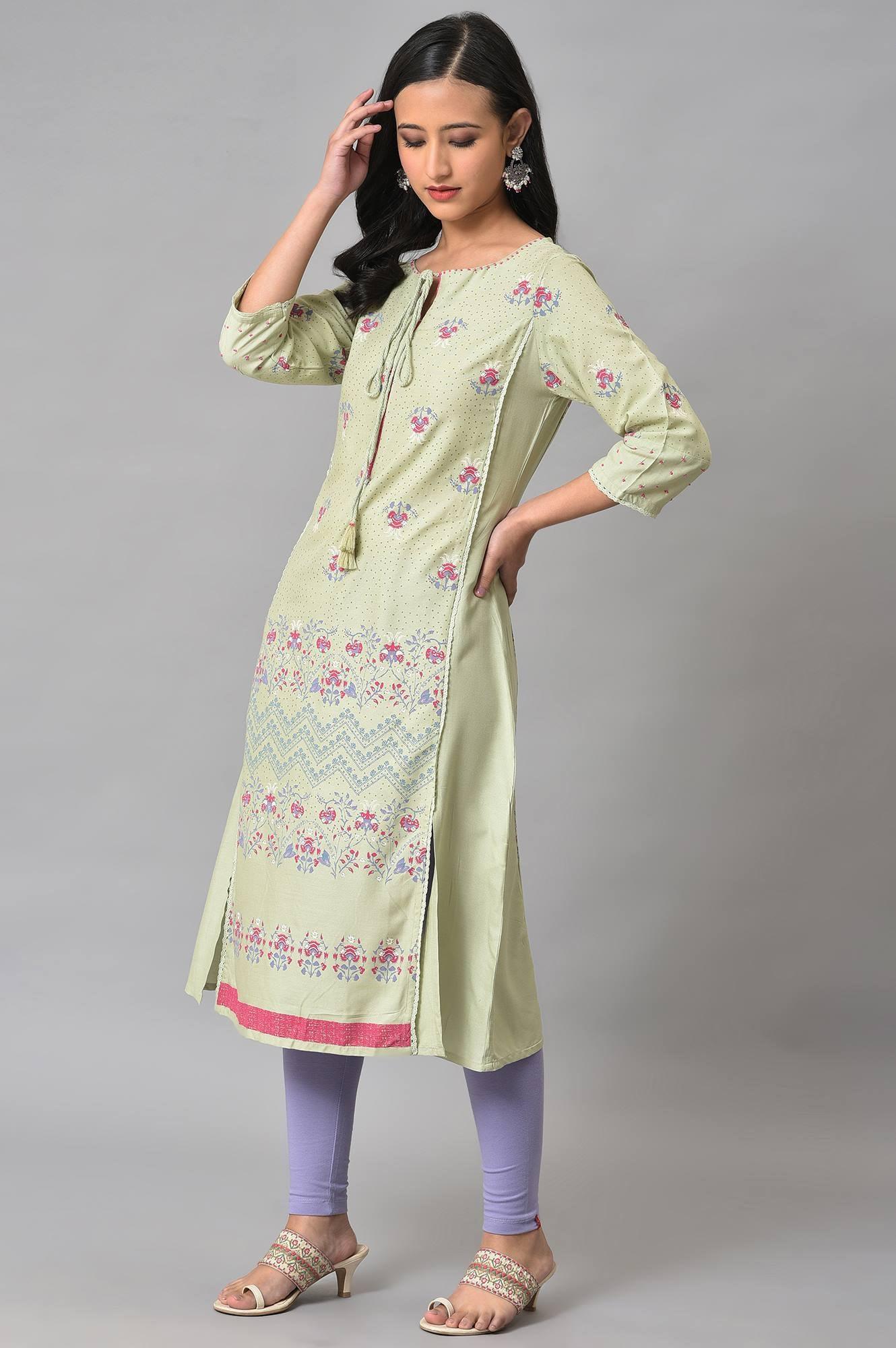 Light Green Mock Layer Printed Plus Size kurta - Image 3
