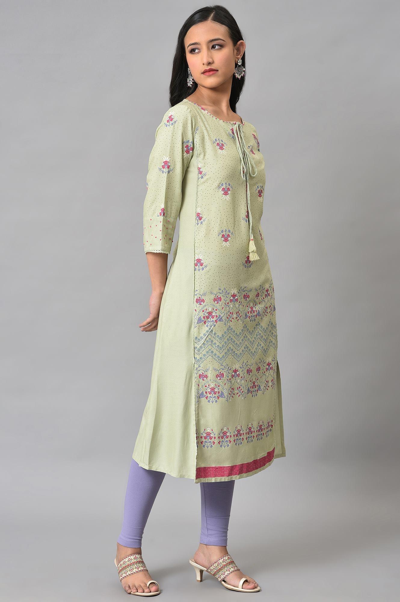 Light Green Mock Layer Printed Plus Size kurta - Image 4