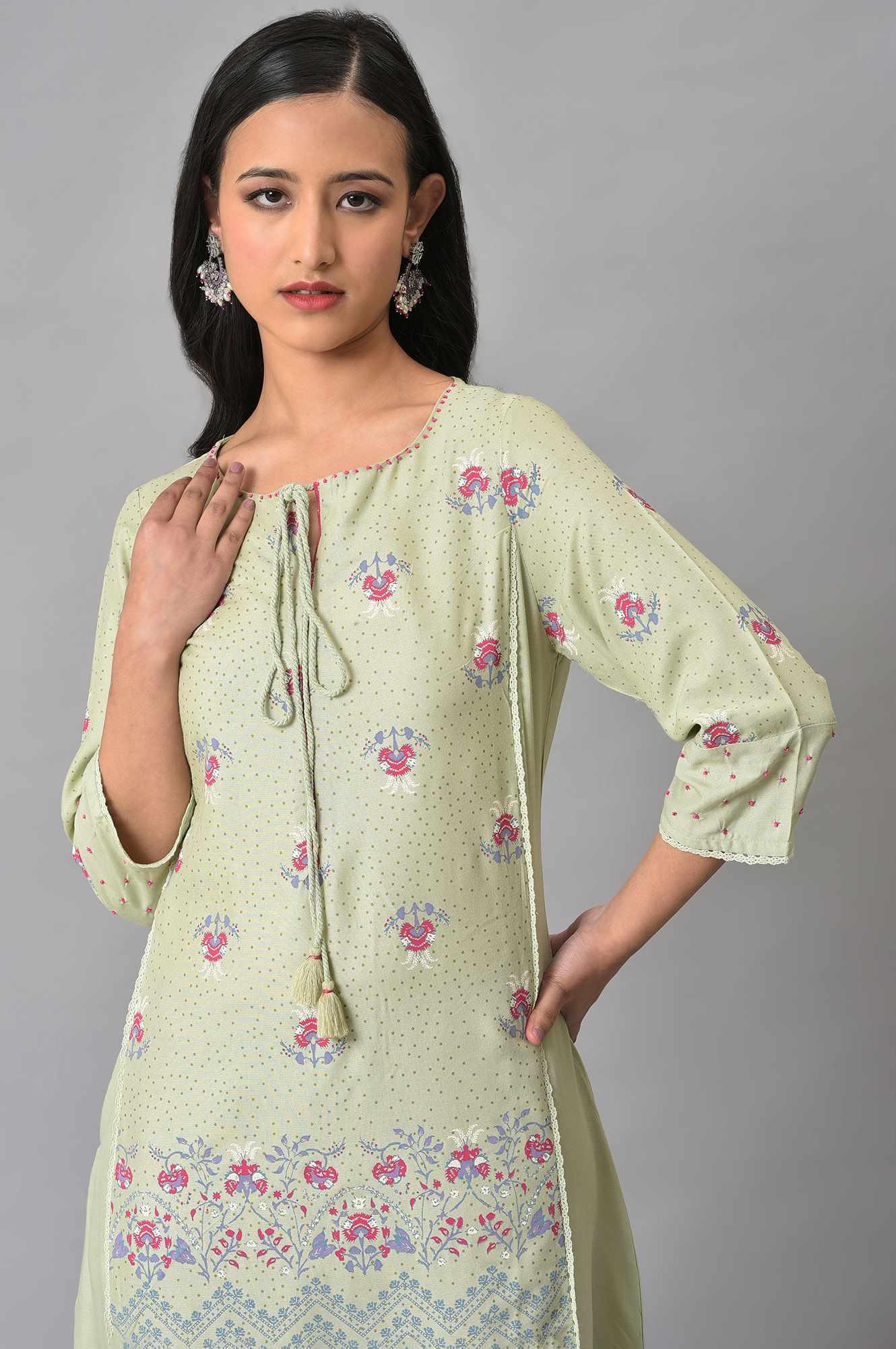 Light Green Mock Layer Printed Plus Size kurta - Image 5