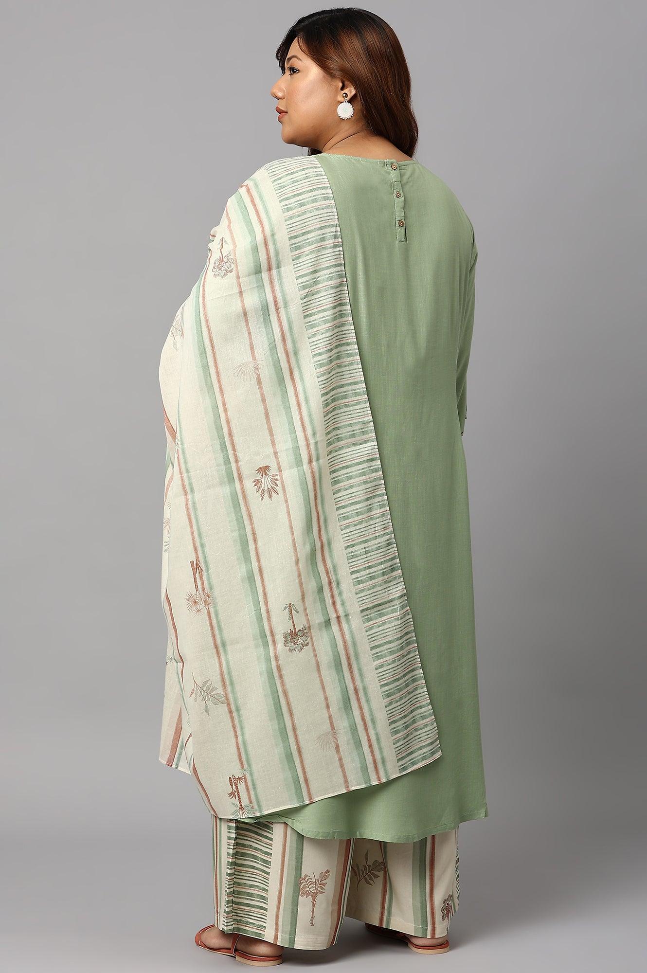 Light Green Plus Size Embroidered kurta With Printed Parallel Pants And Dupatta - Image 2