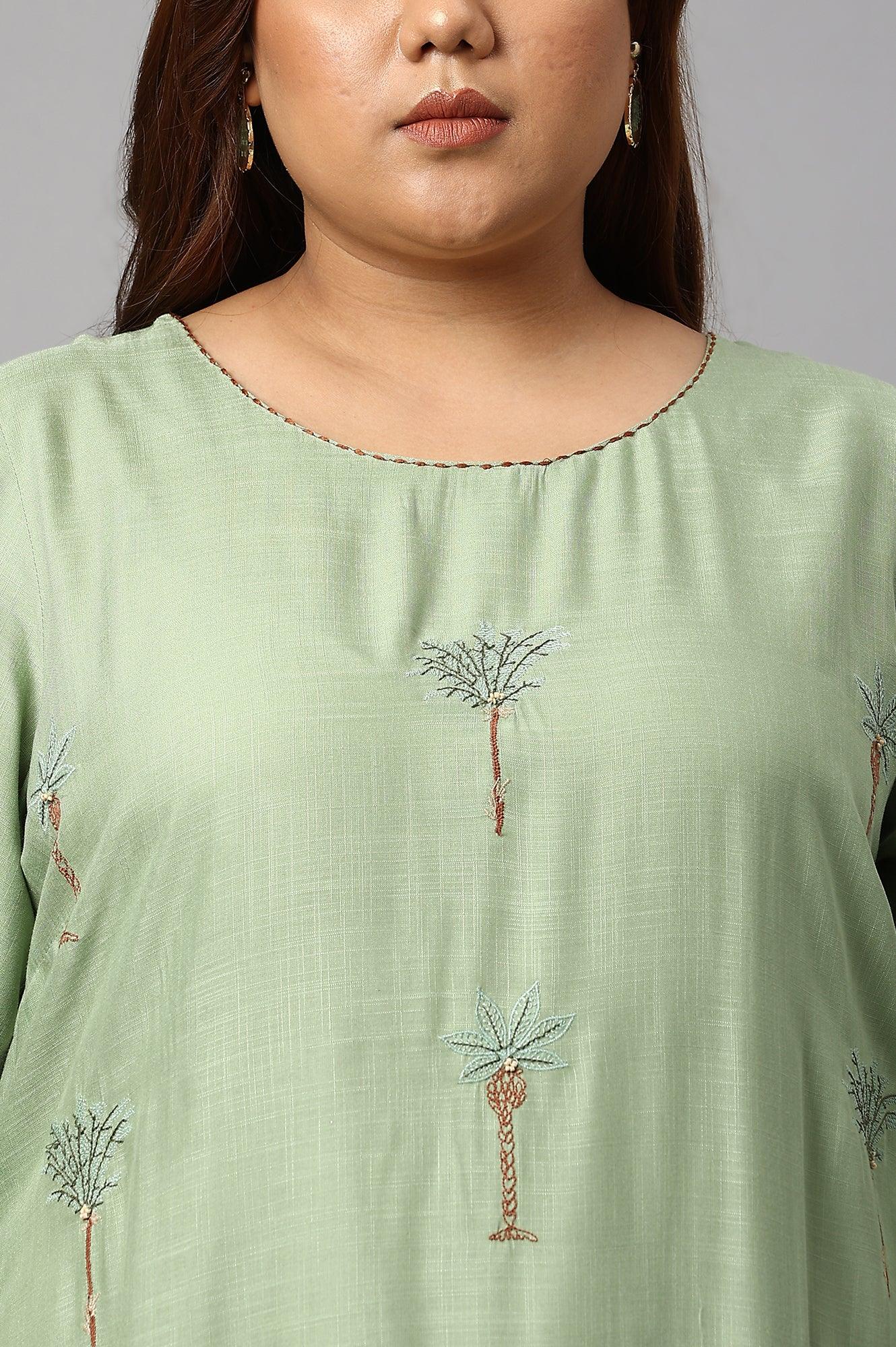 Light Green Plus Size Embroidered kurta With Printed Parallel Pants And Dupatta - Image 5
