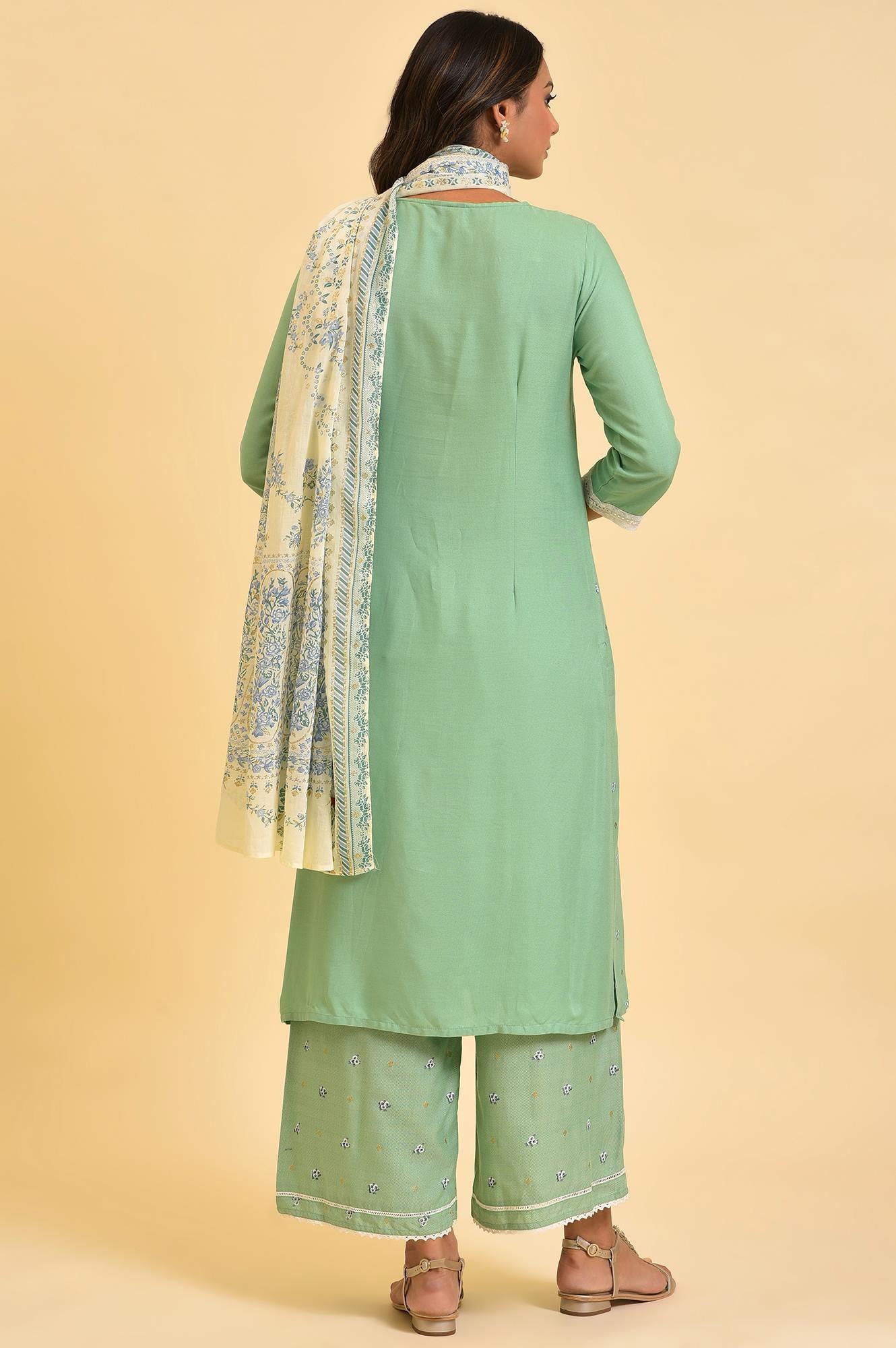 Light Green Printed kurta, Parallel Pants & Dupatta Set - Image 2