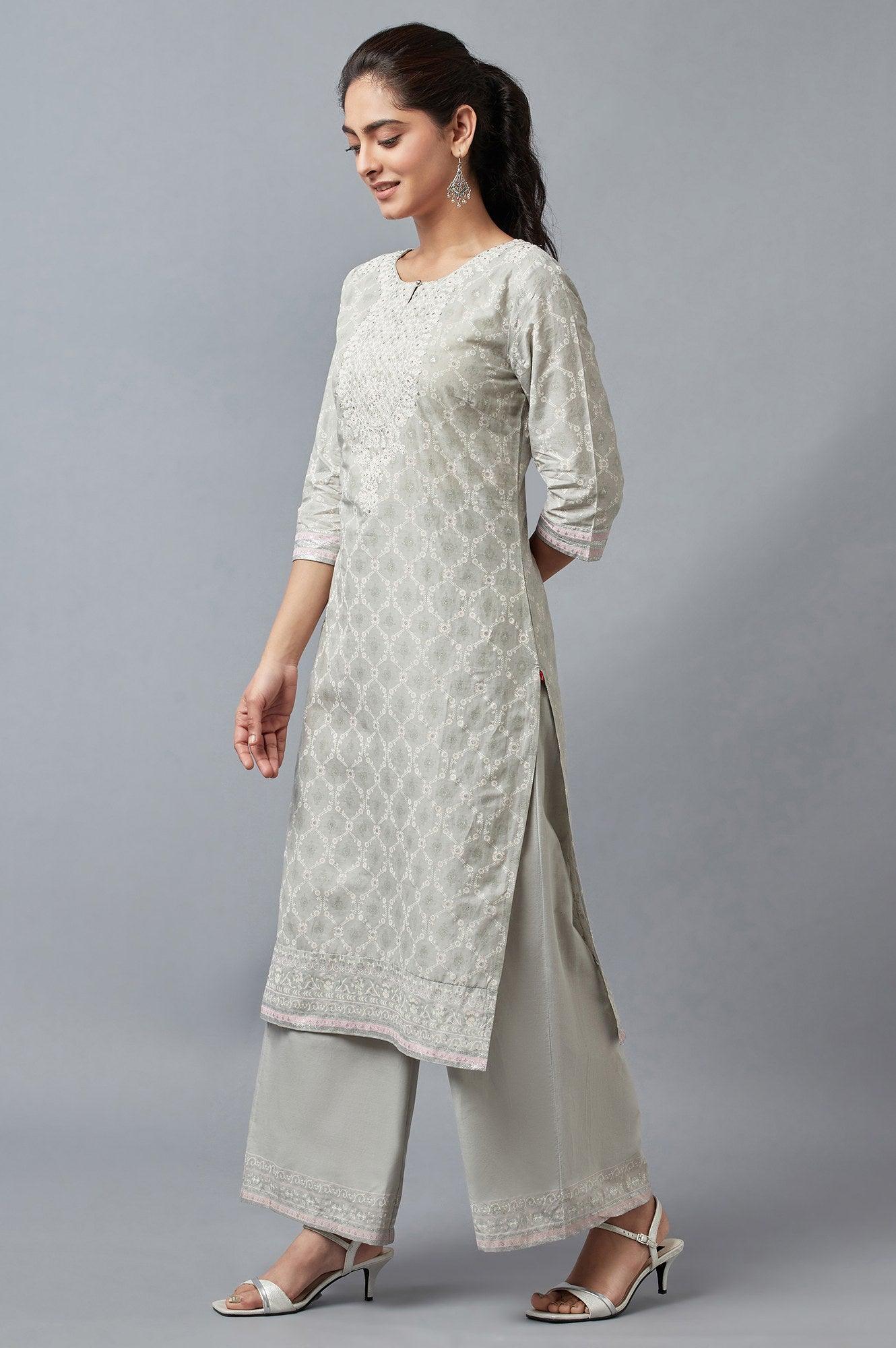 Light Green Printed kurta with Parallel Pants - Image 3