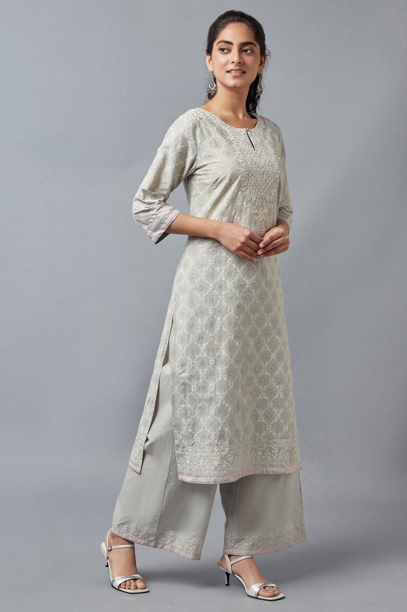 Light Green Printed kurta with Parallel Pants - Image 4