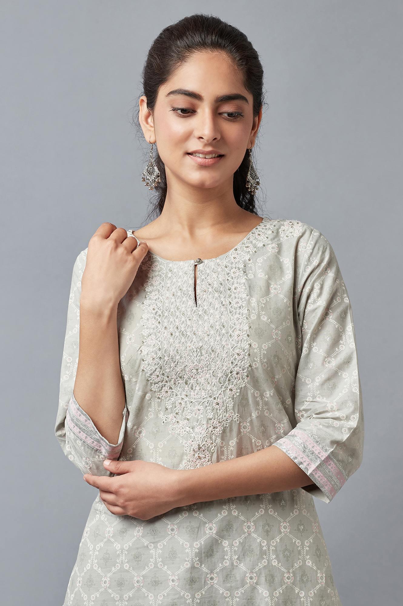Light Green Printed kurta with Parallel Pants - Image 5