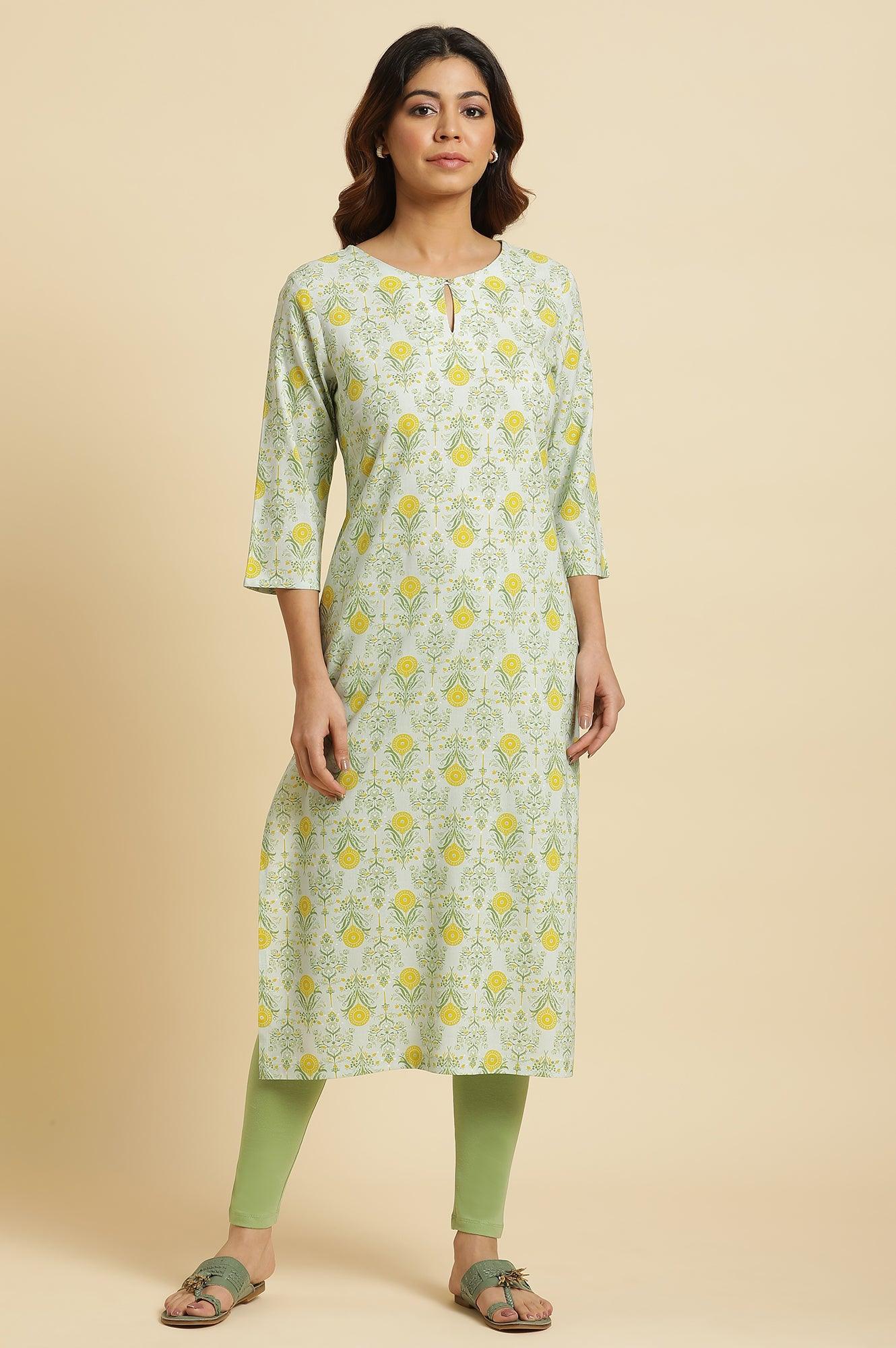 Light Green Floral Printed Rayon Straight Kurta - Image 2