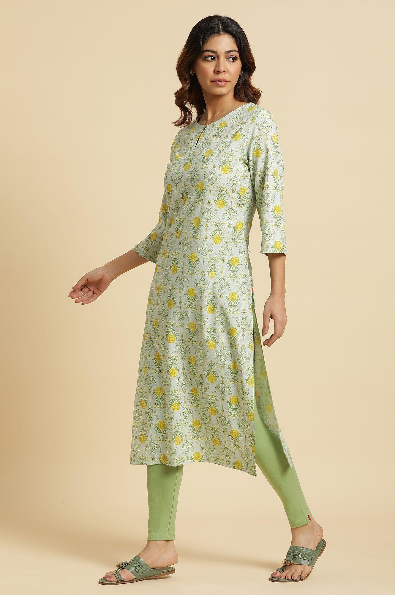 Light Green Floral Printed Rayon Straight Kurta - Image 3
