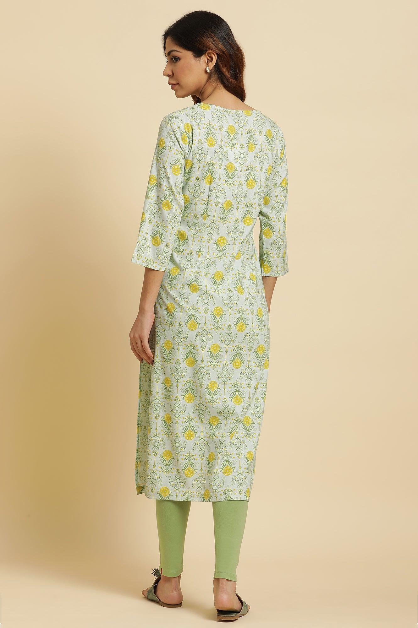 Light Green Floral Printed Rayon Straight Kurta - Image 4