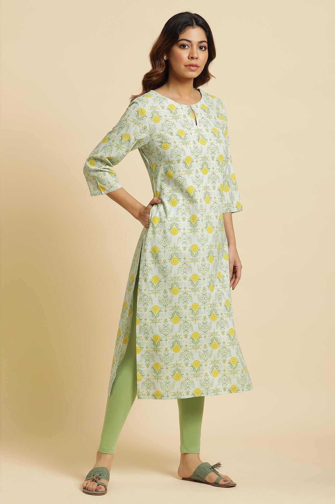 Light Green Floral Printed Rayon Straight Kurta - Image 5