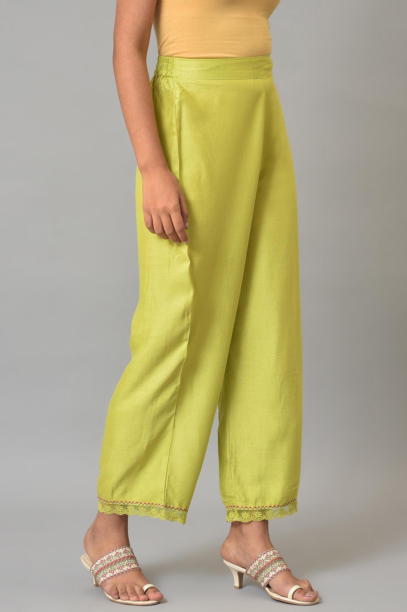 Light Green Slim Pants With Lace Detail - Image 4