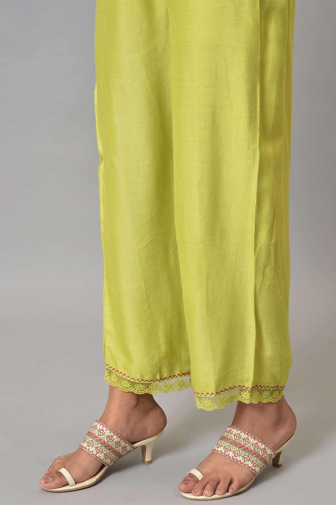 Light Green Slim Pants With Lace Detail - Image 8