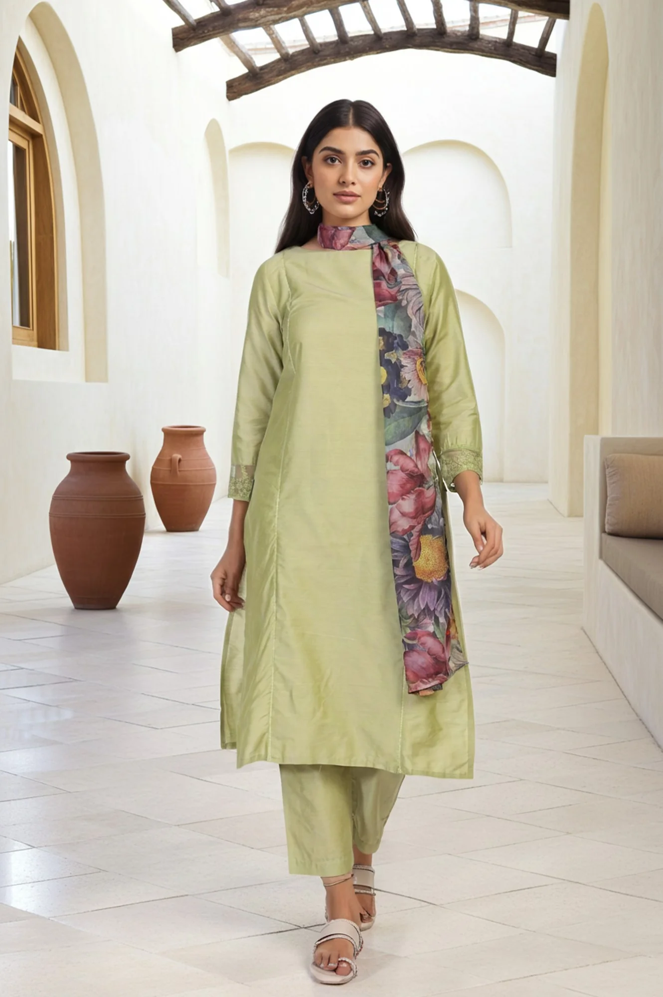 Light Green Solid Lace Trim Straight Kurta with Straight Pant and Dupatta Set - Image 2