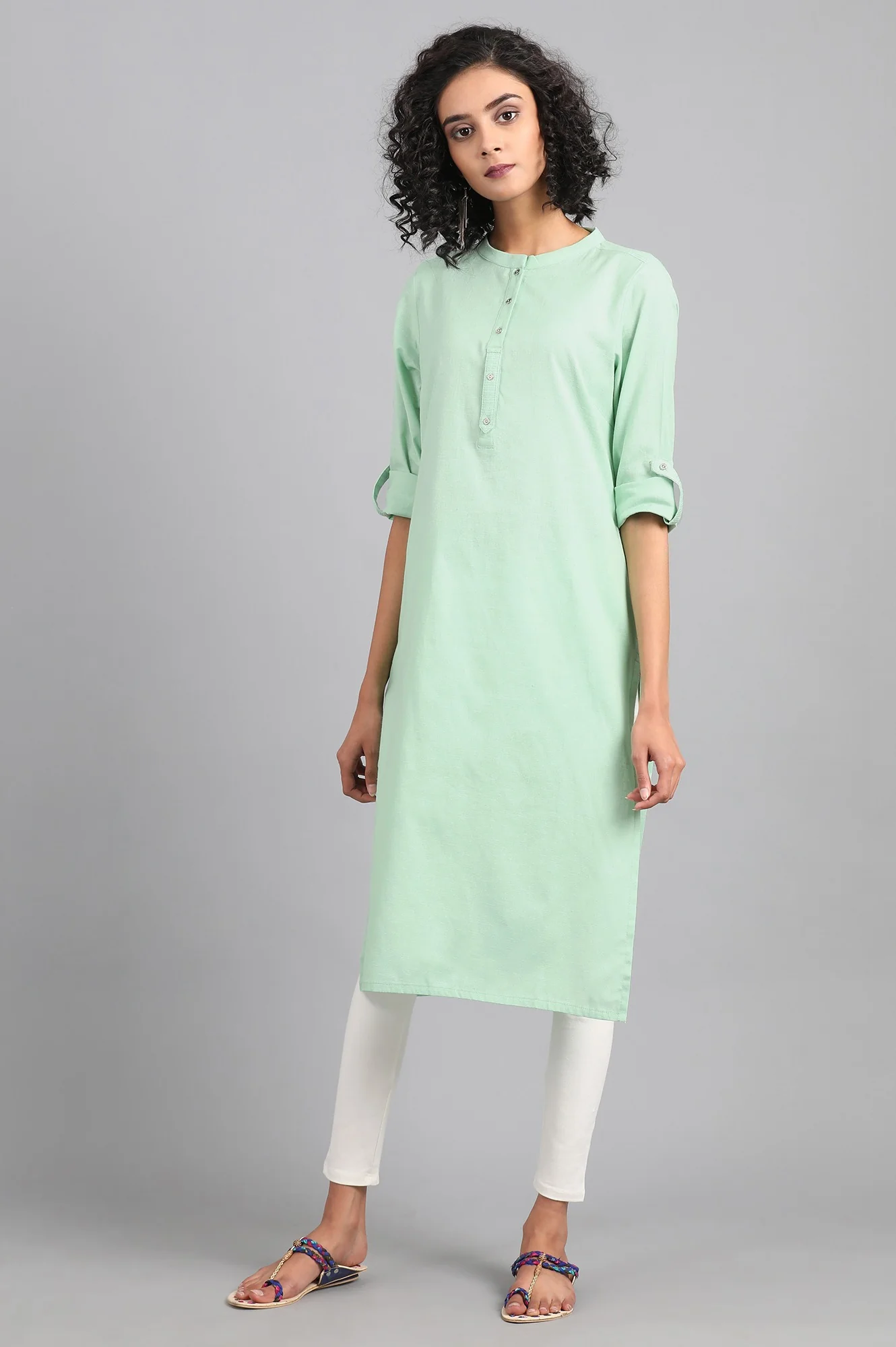 Light Green Solid Straight Cotton Kurta - Image 2