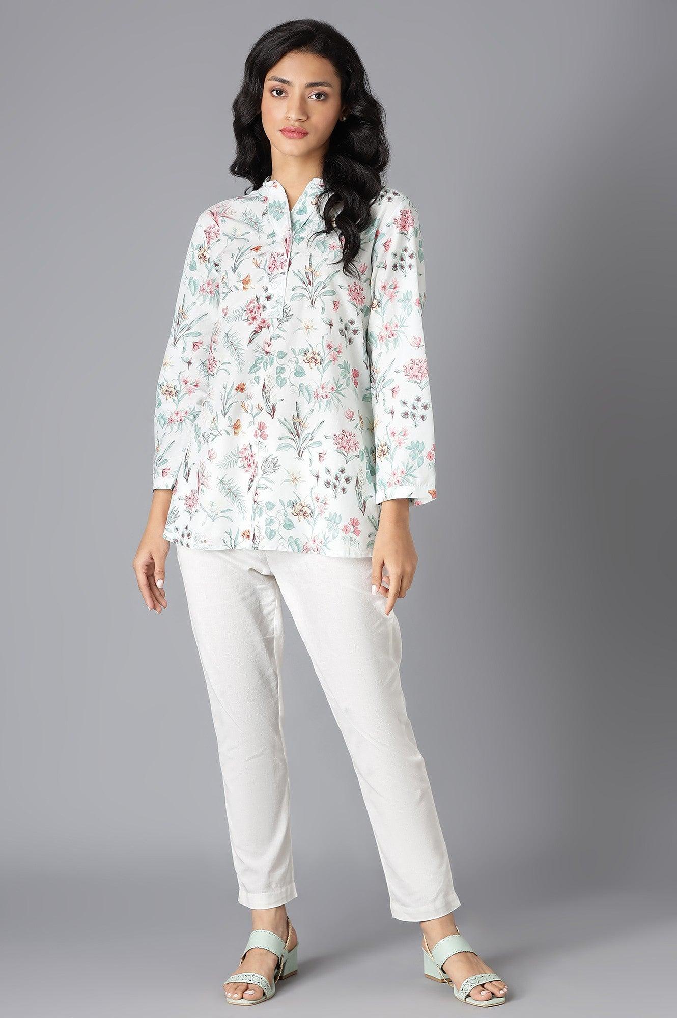 Light Green Textured Cotton Shirt In Mandarin Collar - Image 5