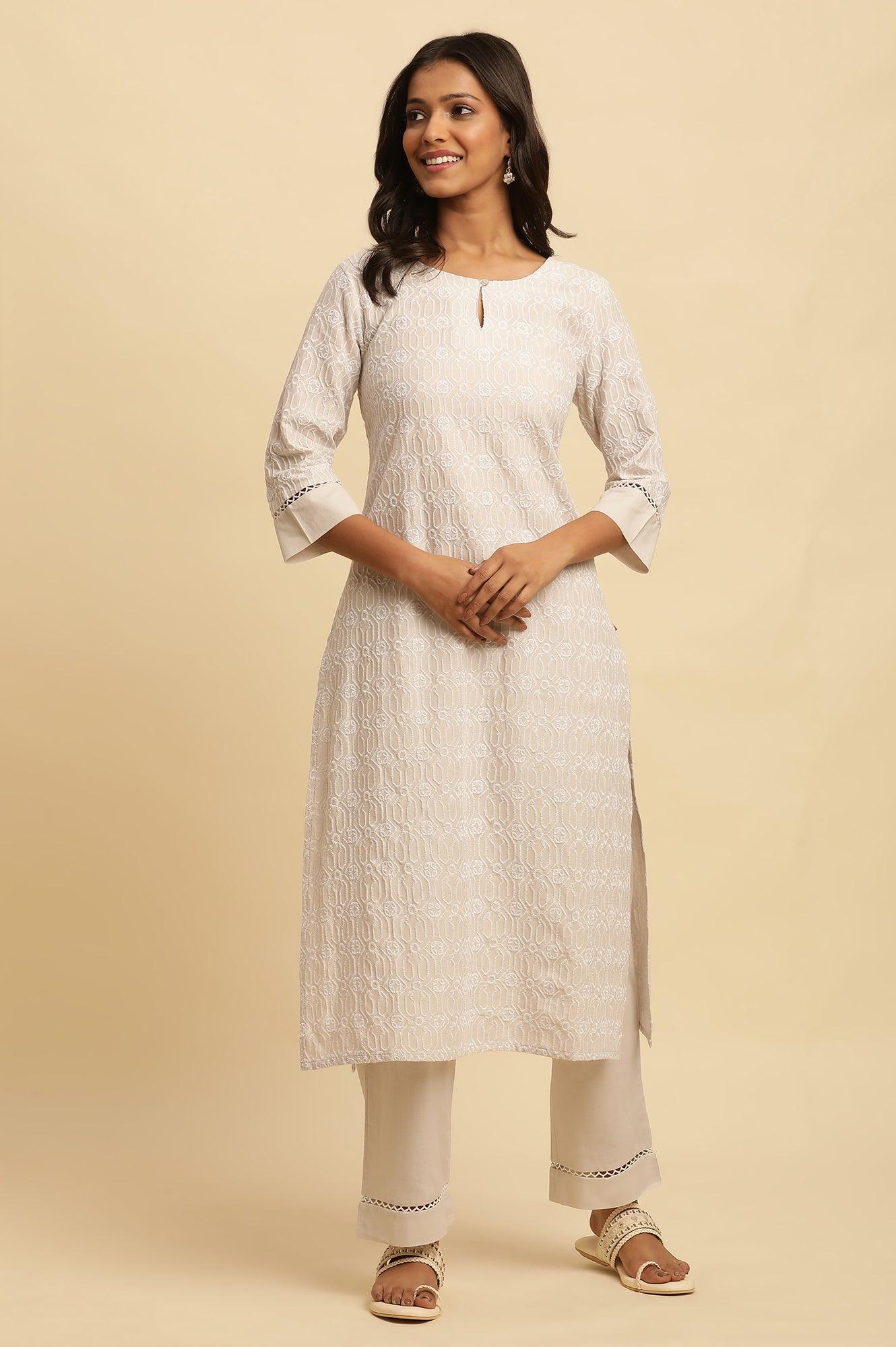 Light Grey Embroidered Cotton Kurta - Image 2