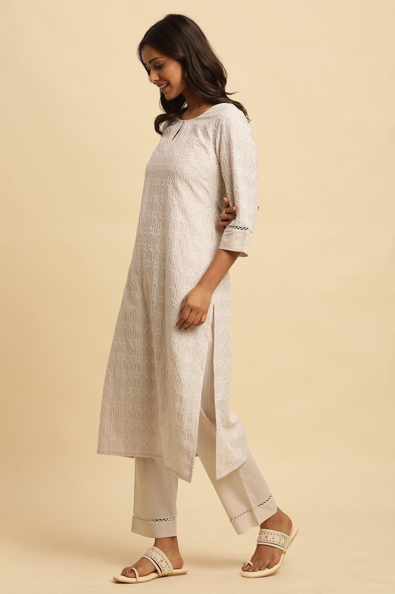 Light Grey Embroidered Cotton Kurta - Image 3