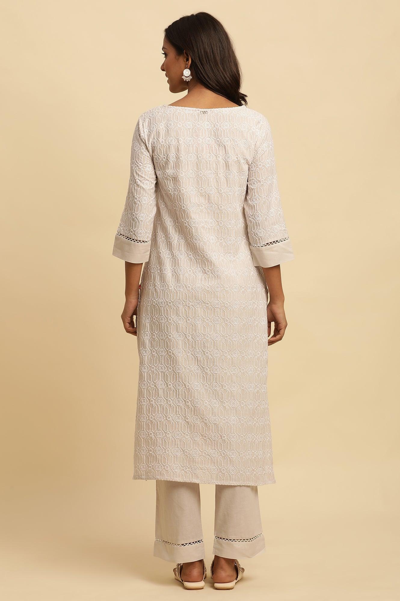 Light Grey Embroidered Cotton Kurta - Image 4