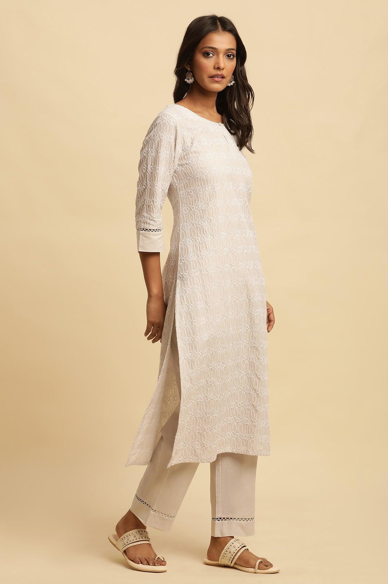 Light Grey Embroidered Cotton Kurta - Image 5