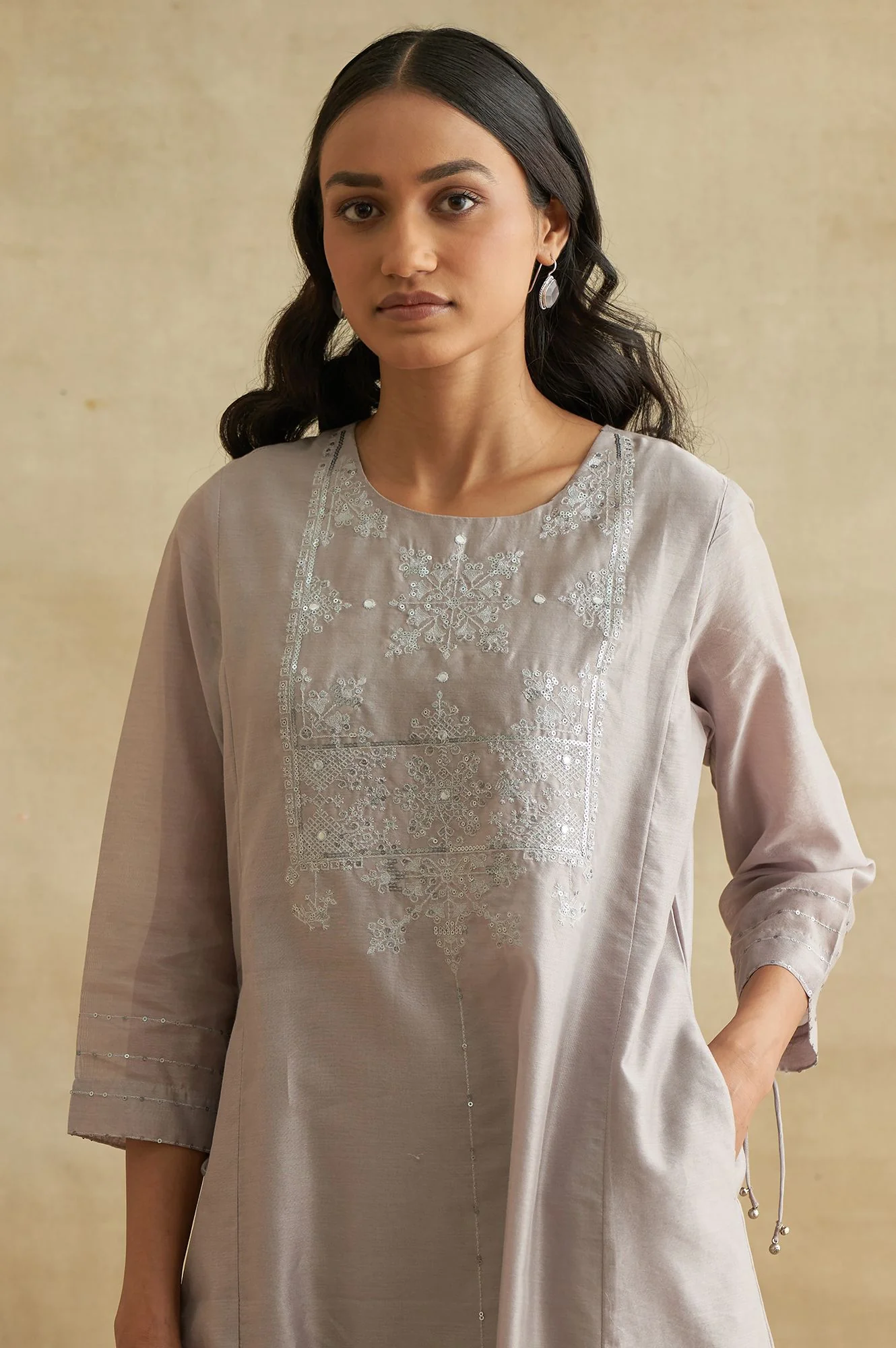 Light Grey Embroidered Cotton Silk kurta - Image 6