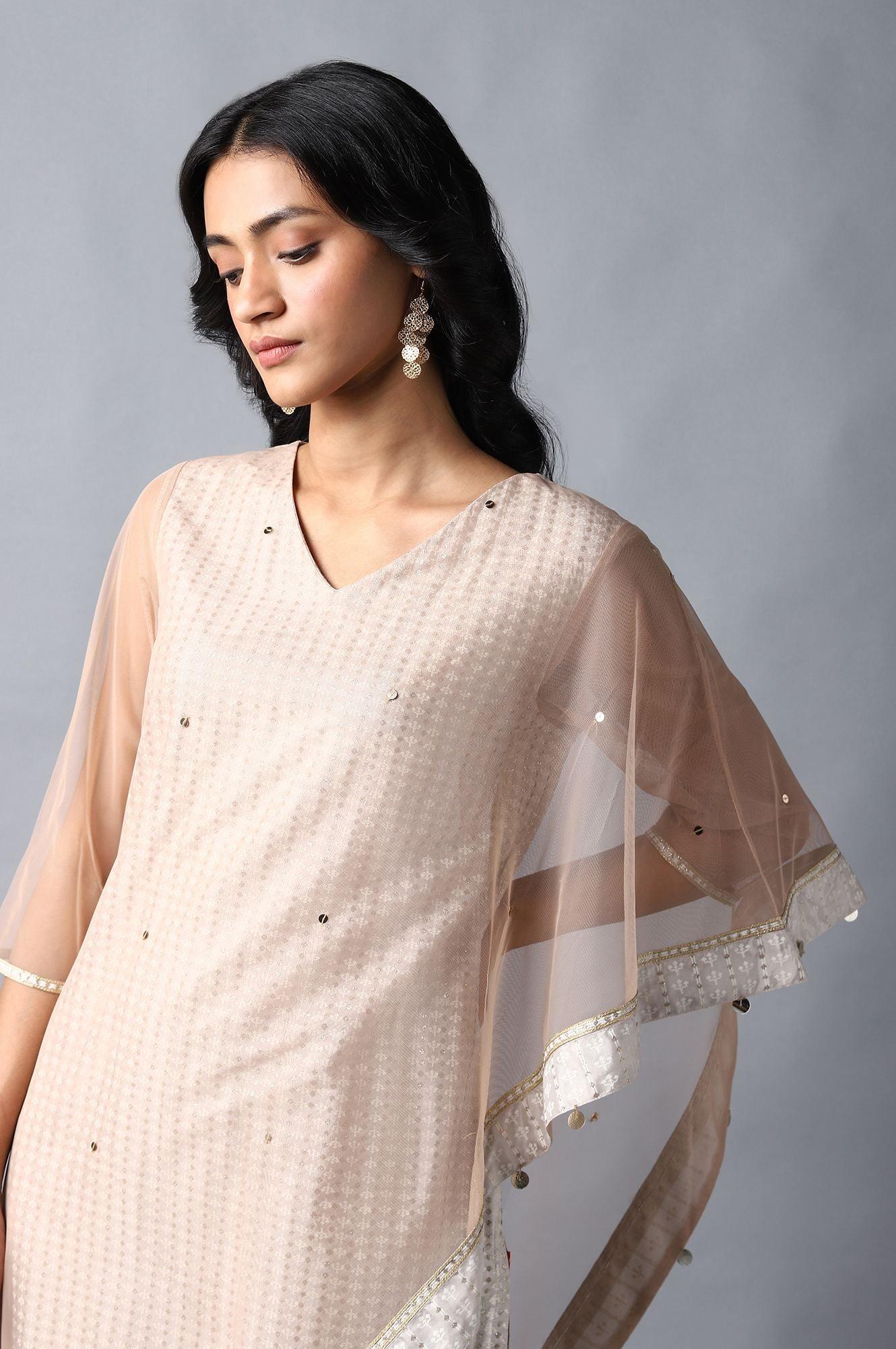 Light Grey Gotta Patti Saree kurta With Tights - Image 5
