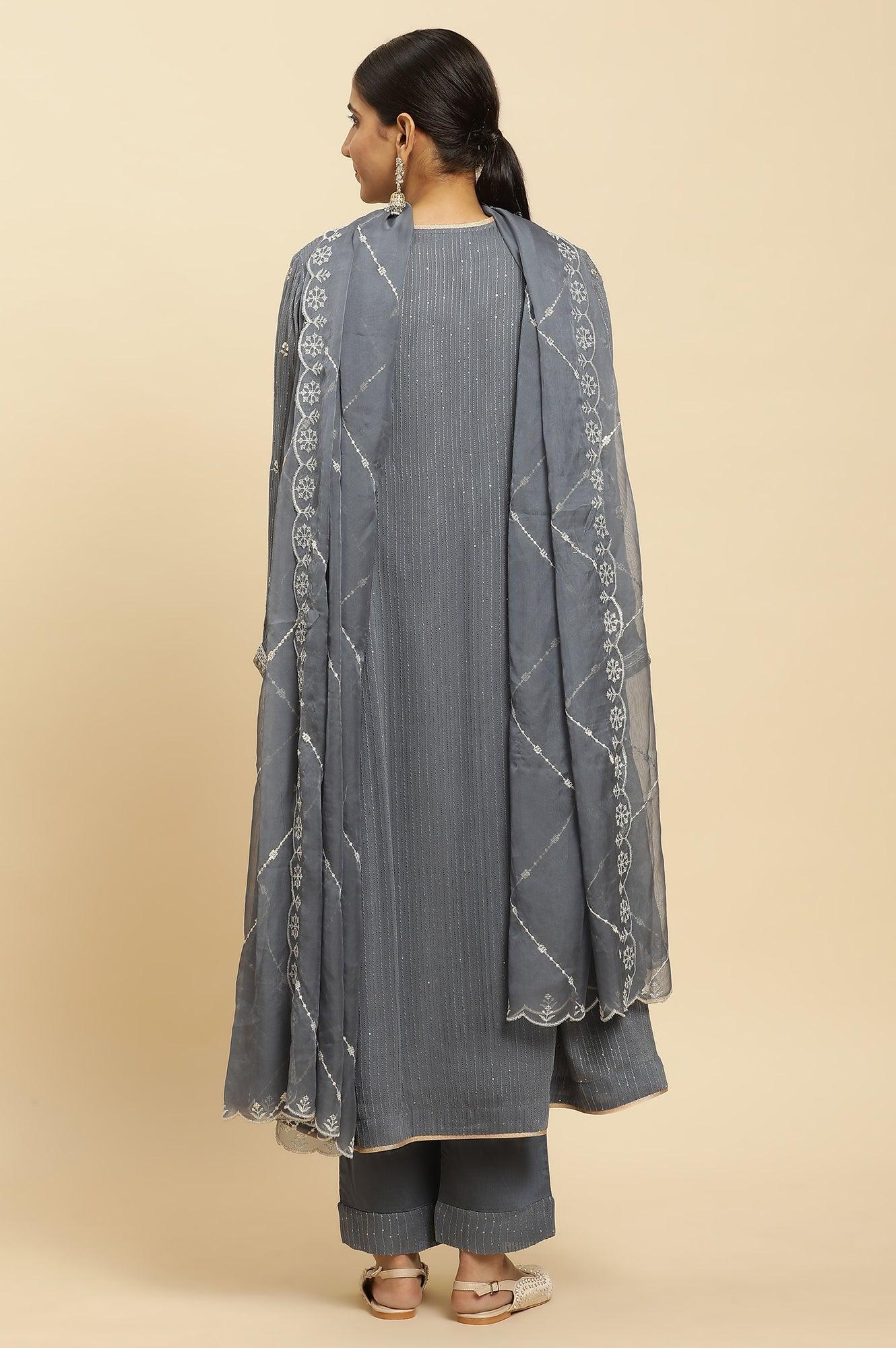 Light Grey Heavy Embroidered Anarkali Kurta, Pants And Dupatta Set - Image 4
