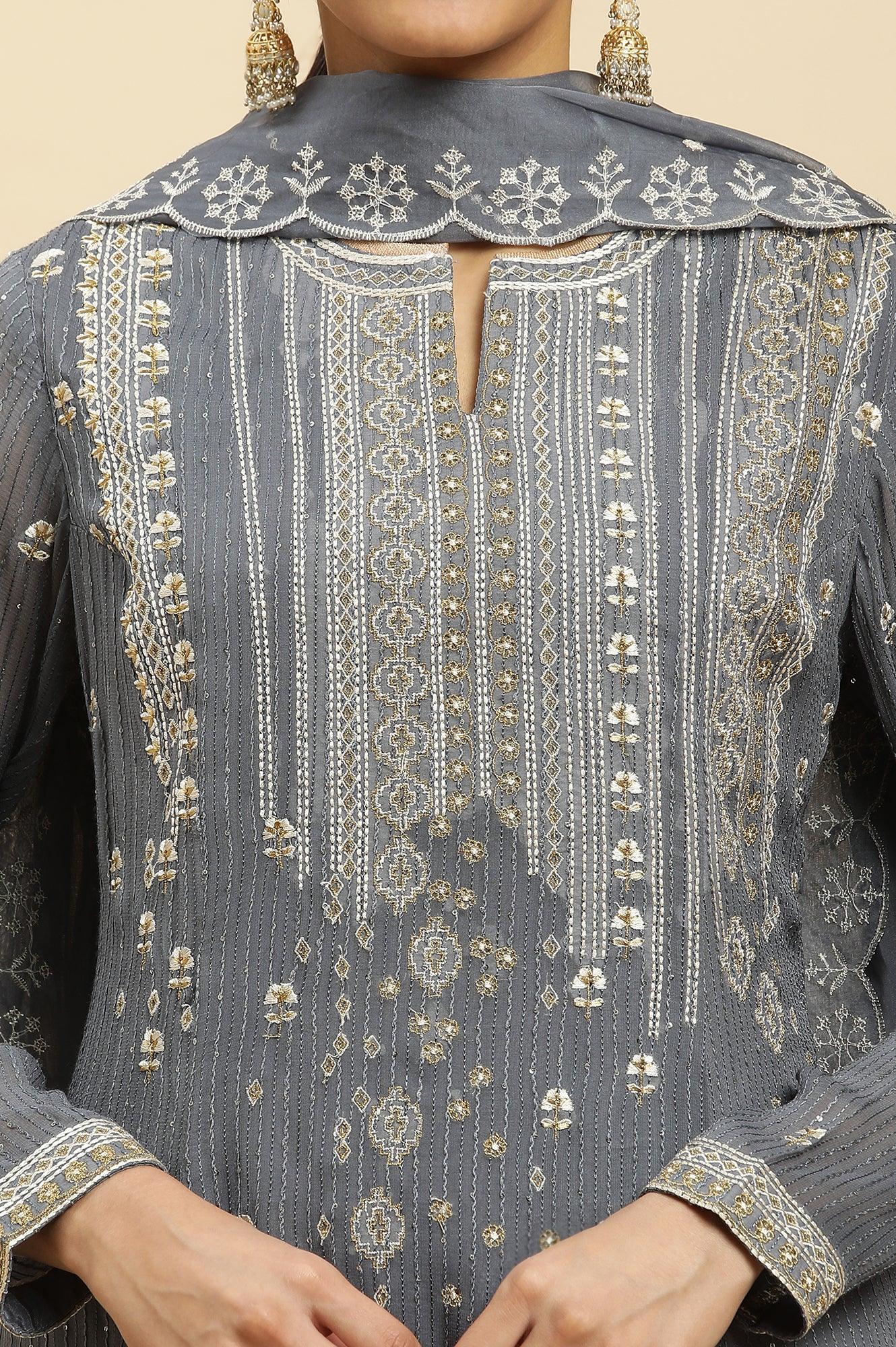 Light Grey Heavy Embroidered Anarkali Kurta, Pants And Dupatta Set - Image 6