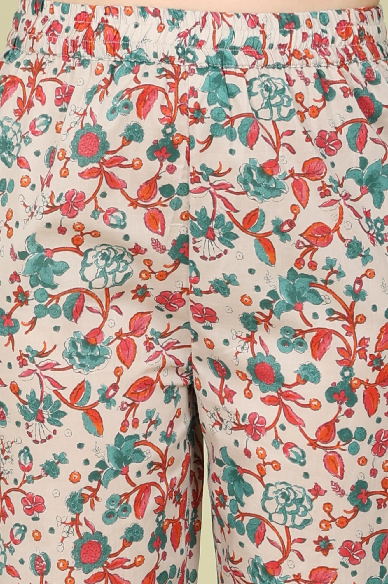 Light Grey Pure Cotton Flared Kurta And Pants Co-Ord Set With Floral Motifs All-Over - Image 9