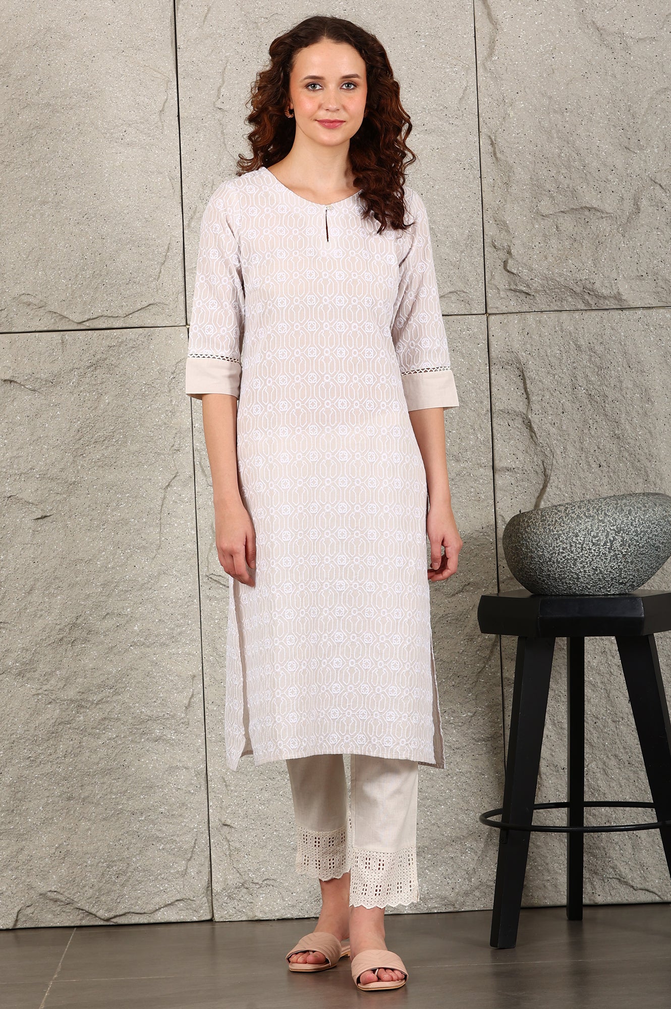 Light Grey Schiffli Embroidered Pure Cotton Straight Kurta - Image 2