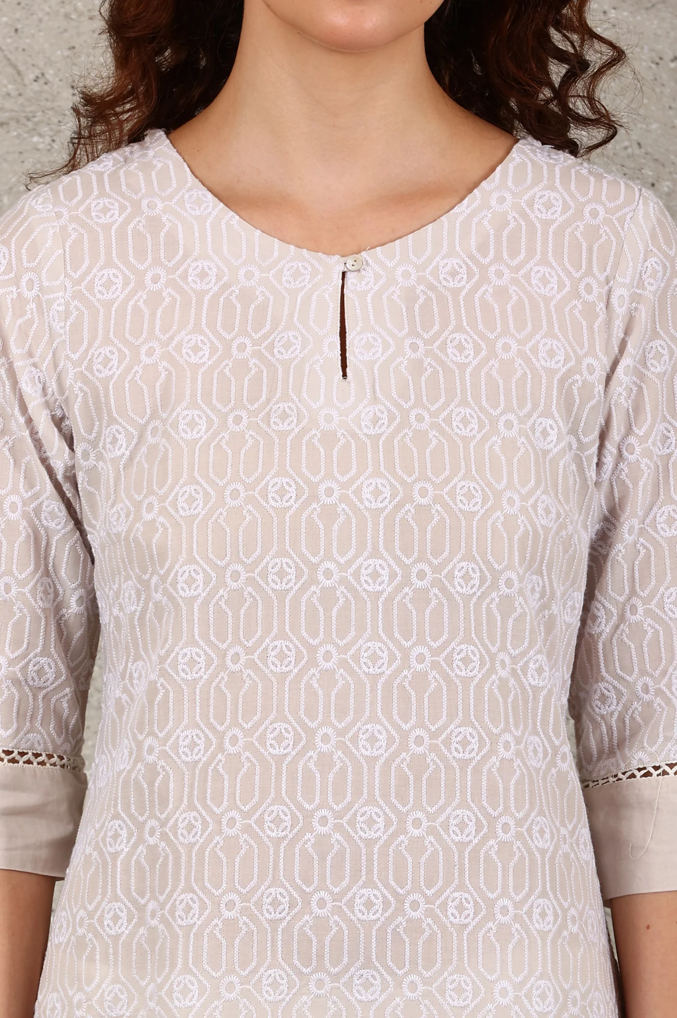 Light Grey Schiffli Embroidered Pure Cotton Straight Kurta - Image 3