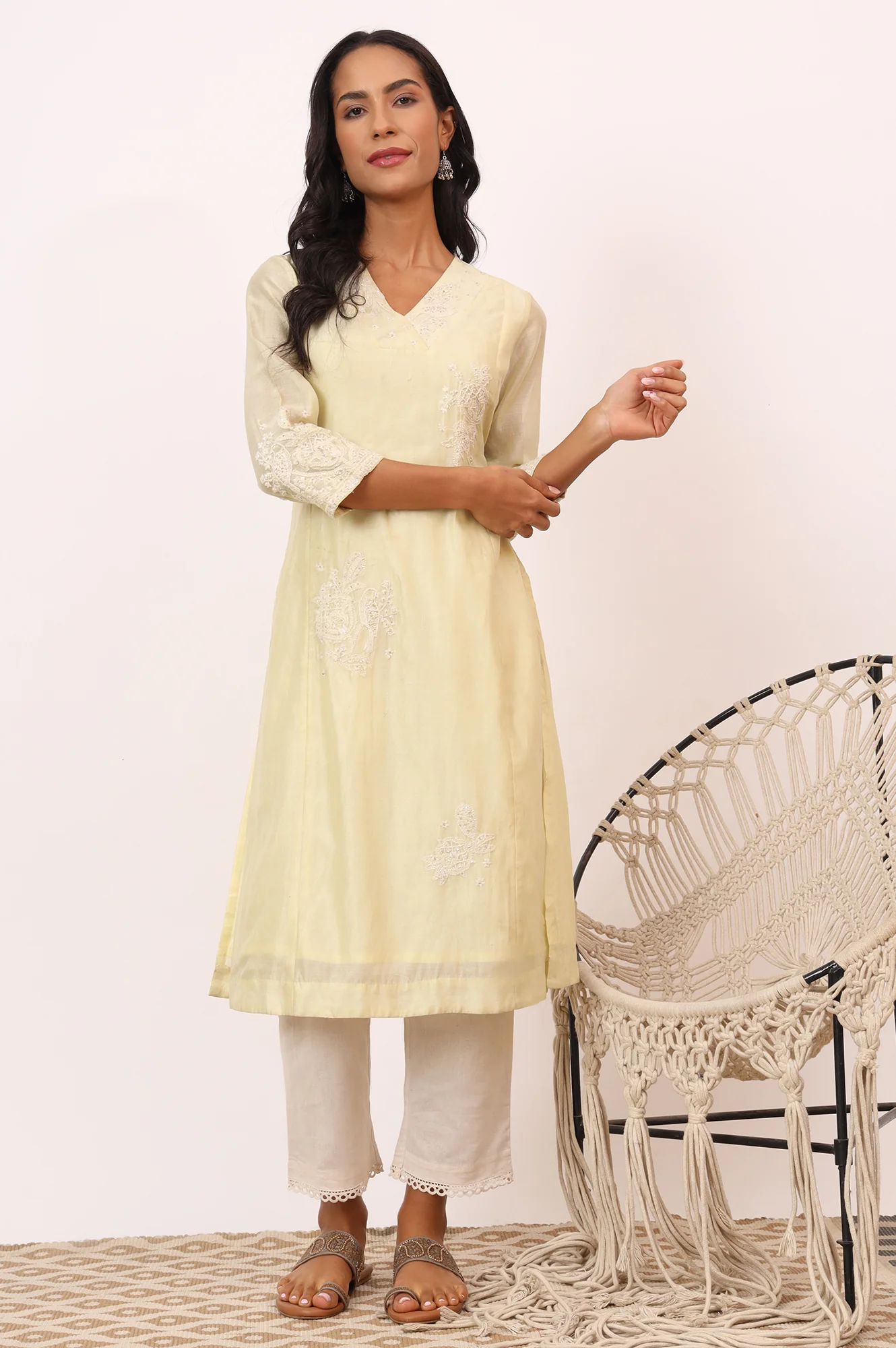 Light Lemon Chikankari Kurta in Cotton Silk - Image 2