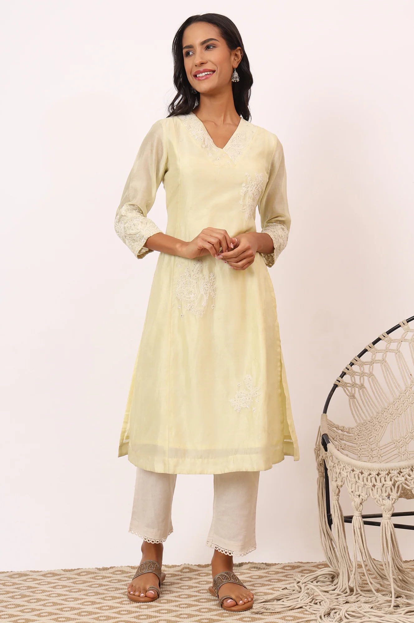 Light Lemon Chikankari Kurta in Cotton Silk - Image 3