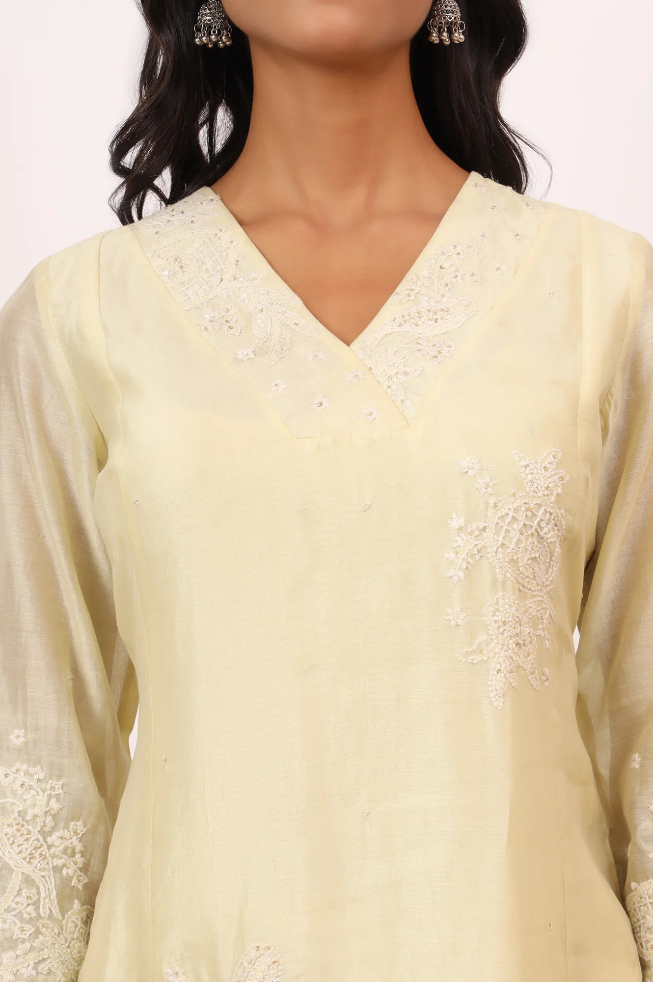 Light Lemon Chikankari Kurta in Cotton Silk - Image 4