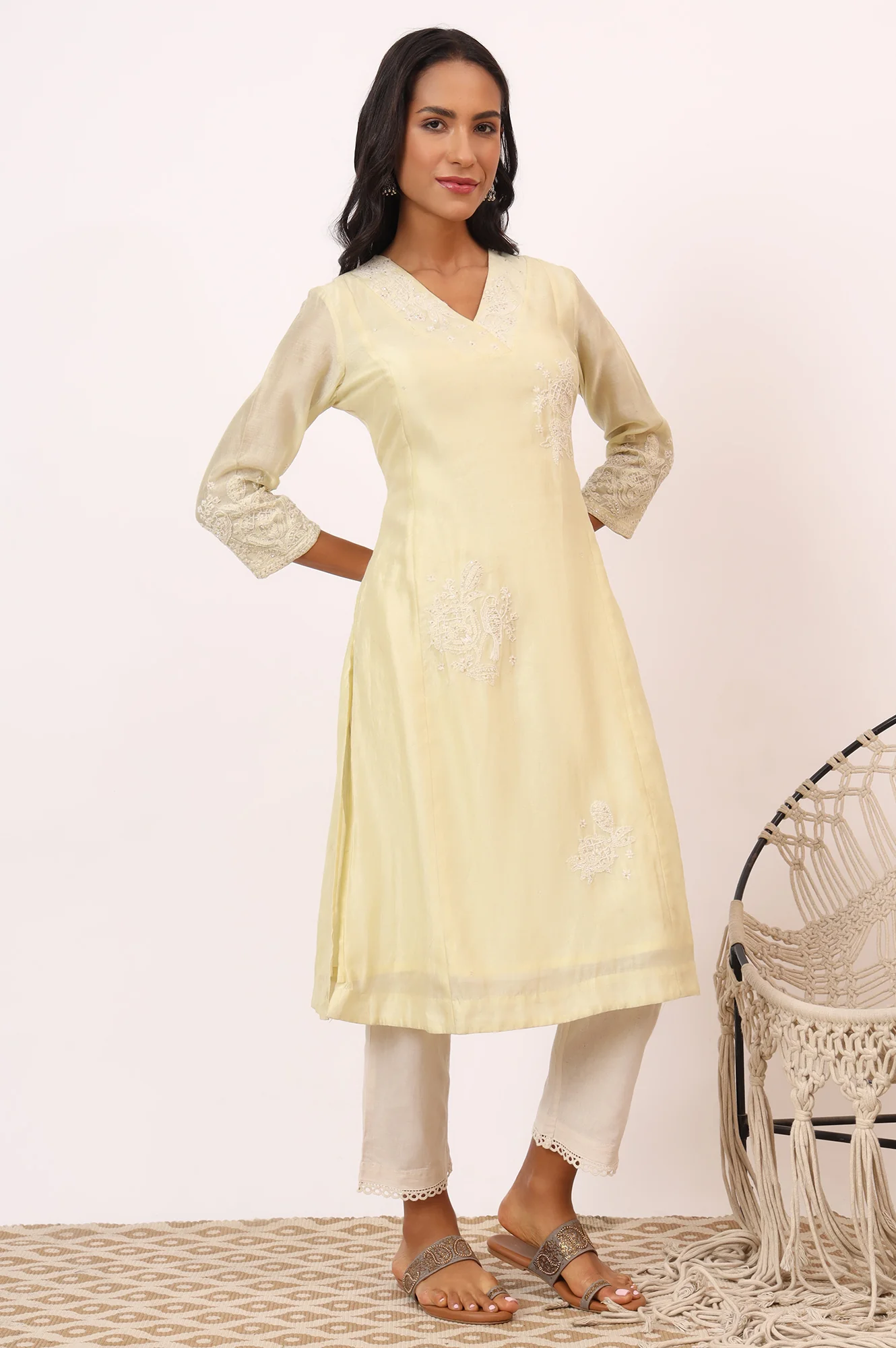 Light Lemon Chikankari Kurta in Cotton Silk - Image 7