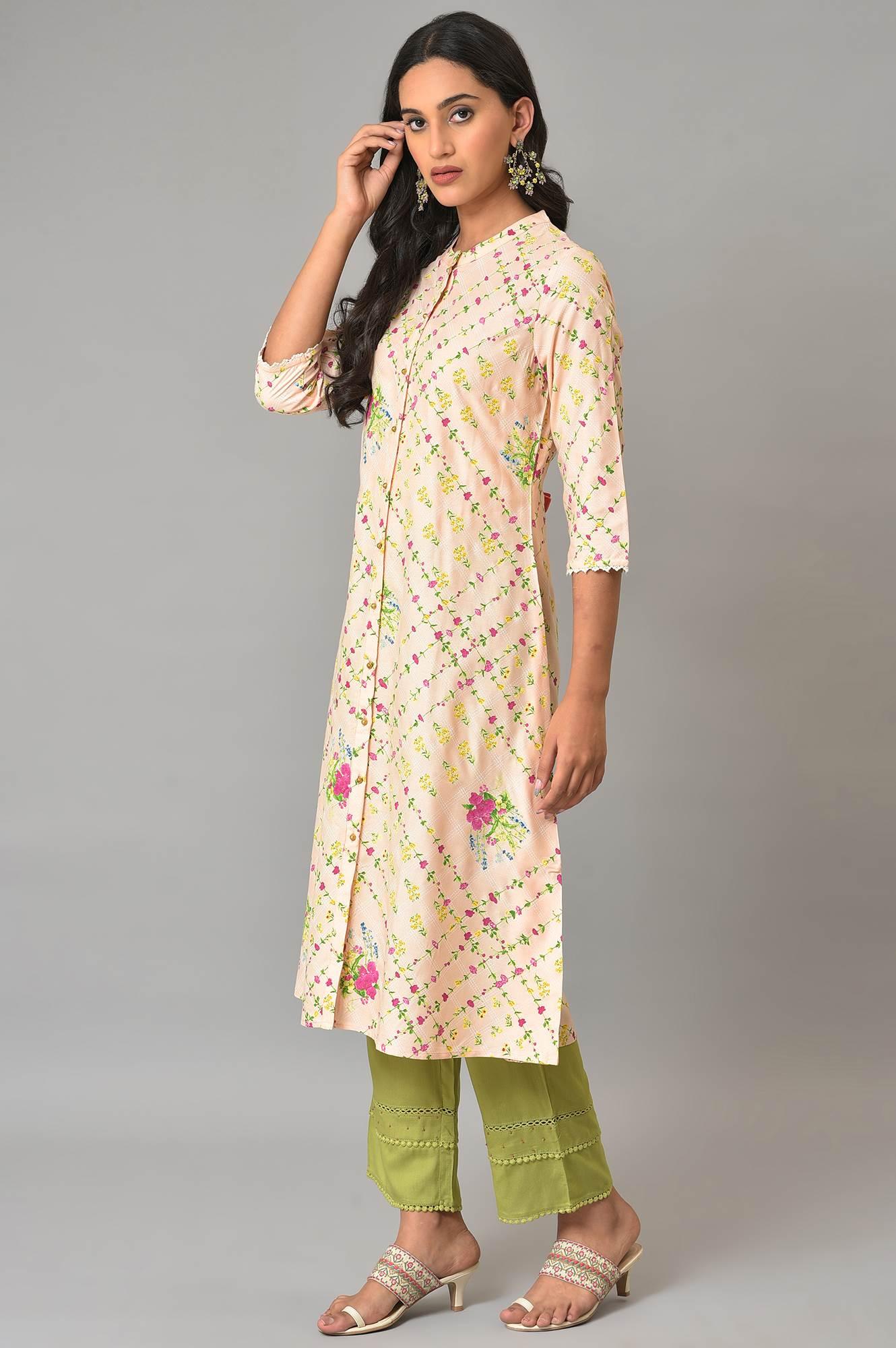 Light Orange A-Line Floral Printed kurta - Image 3