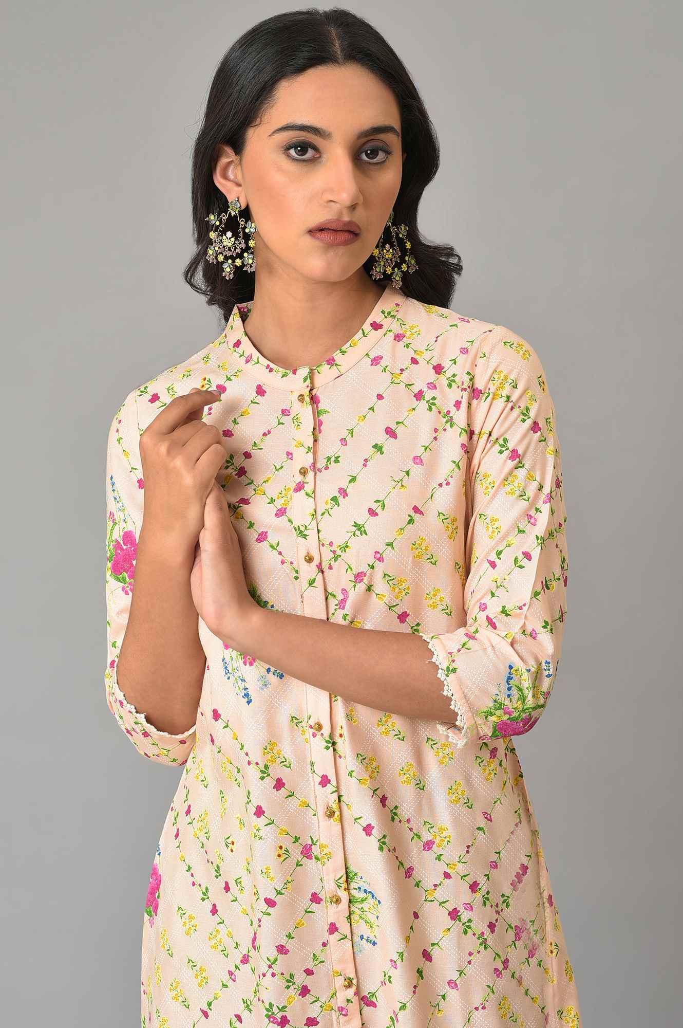 Light Orange A-Line Floral Printed kurta - Image 5