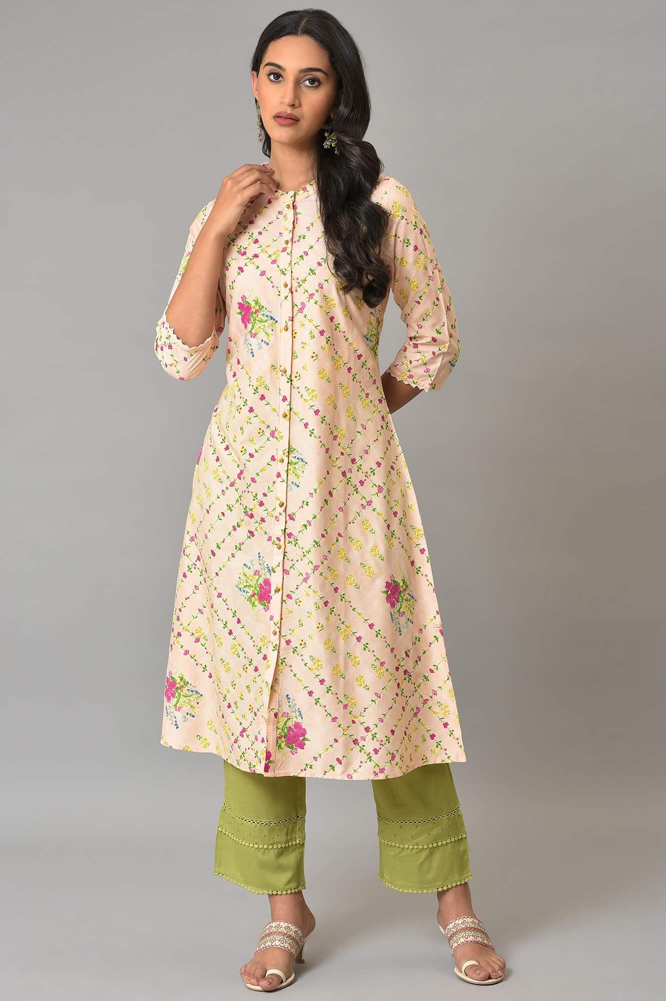 Light Orange A-Line Floral Printed kurta - Image 6