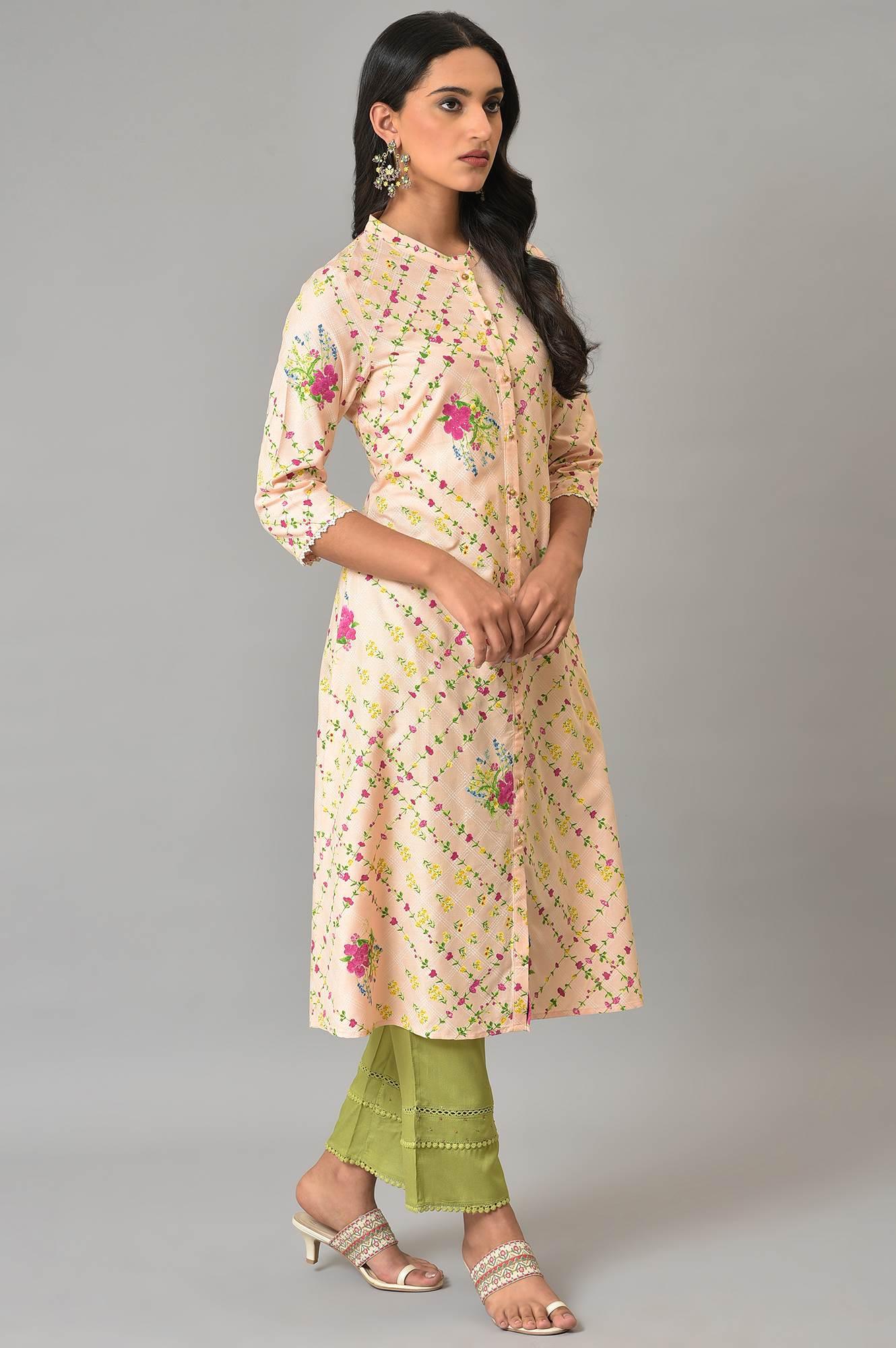 Light Orange A-Line Floral Printed Plus Size kurta - Image 4