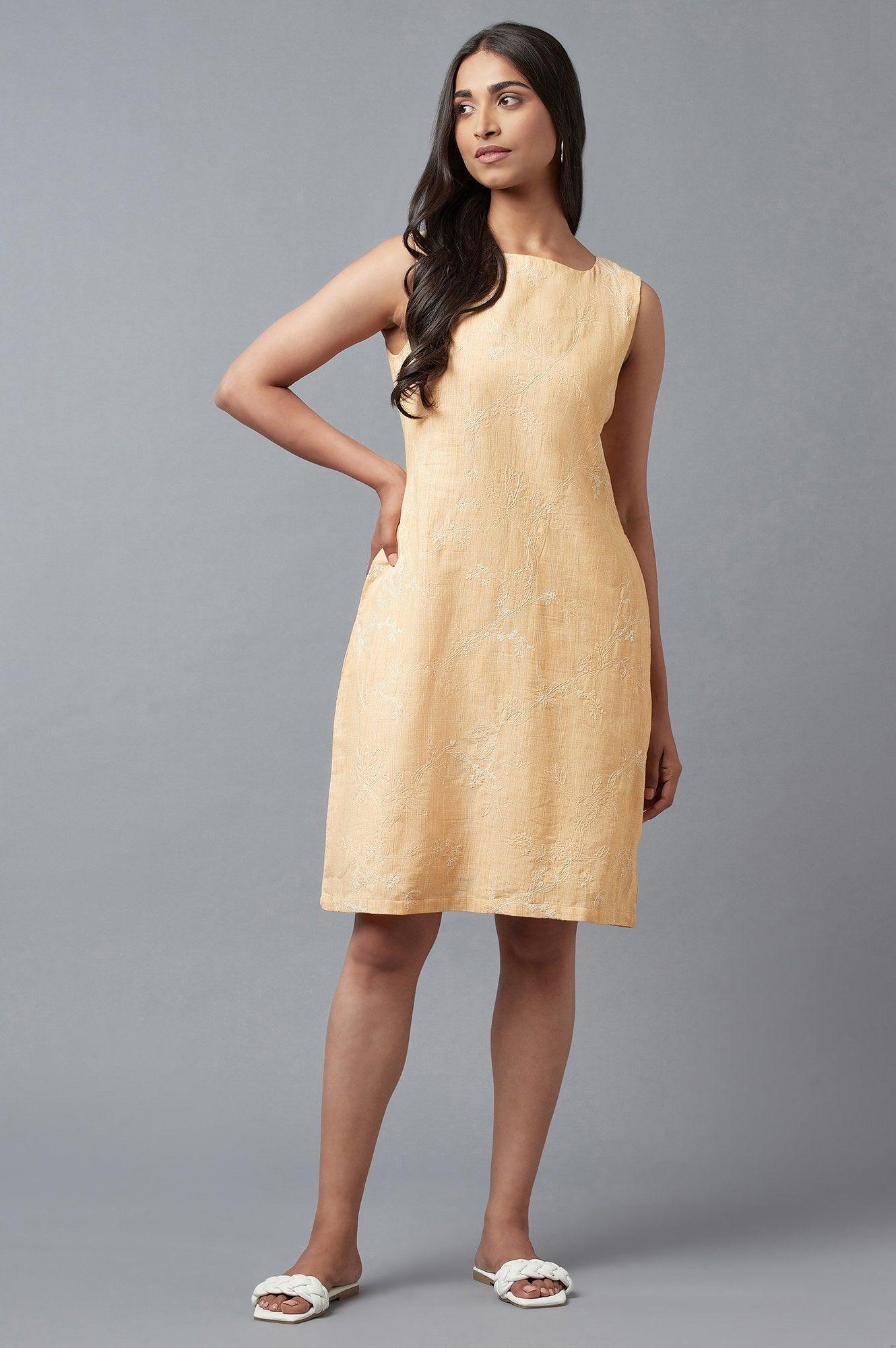 Light Orange Floral Printed Pure Cotton Sleeveless Flared Dress