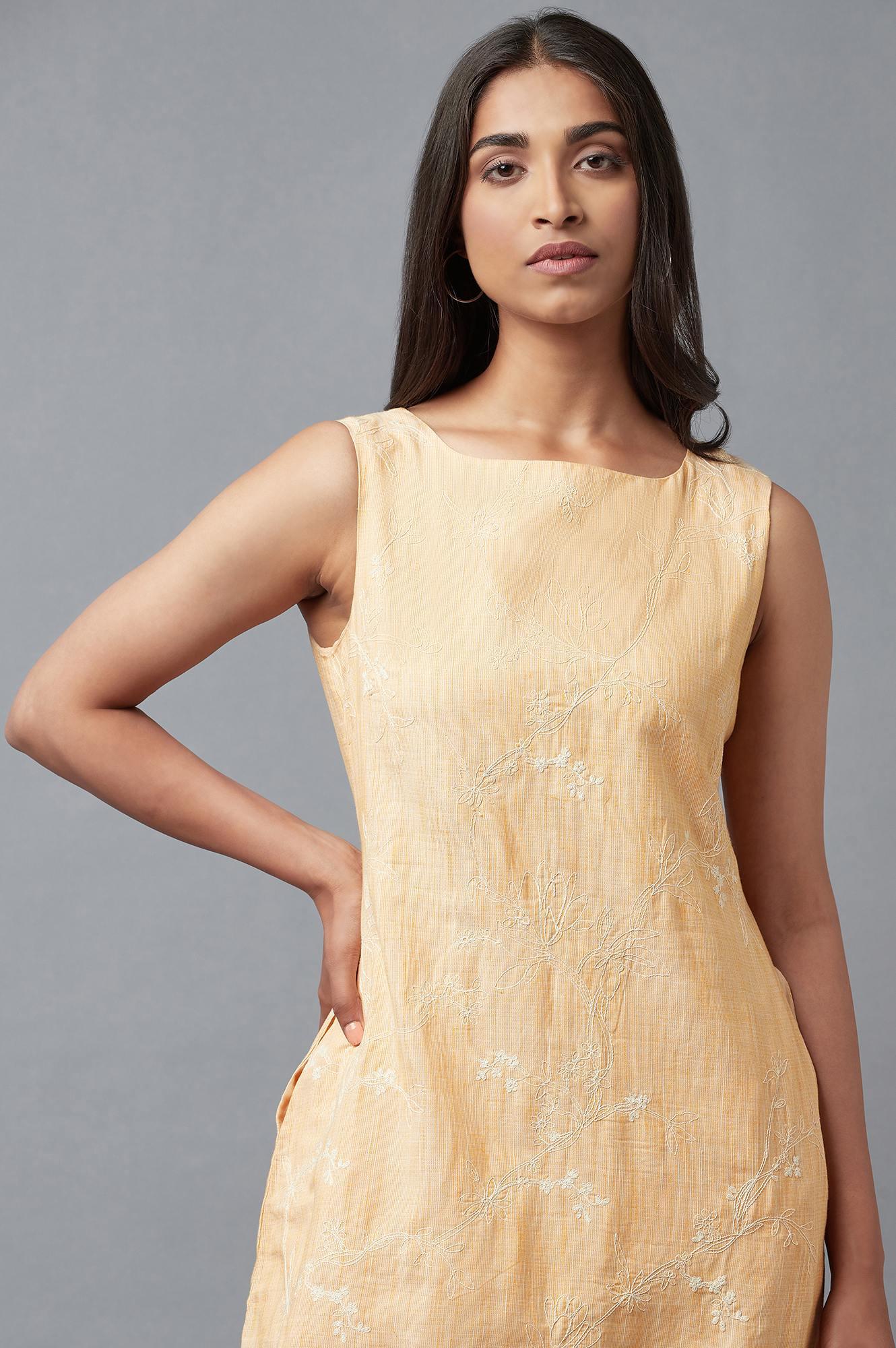 Light Orange Floral Printed Pure Cotton Sleeveless Flared Dress - Image 5