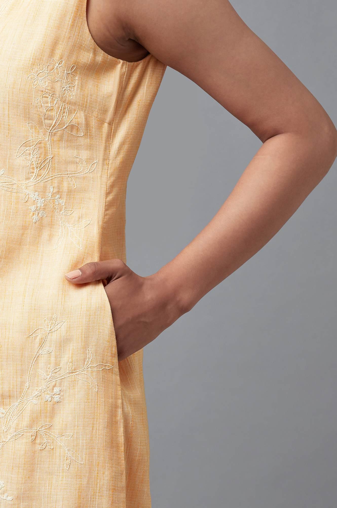 Light Orange Floral Printed Pure Cotton Sleeveless Flared Dress - Image 6