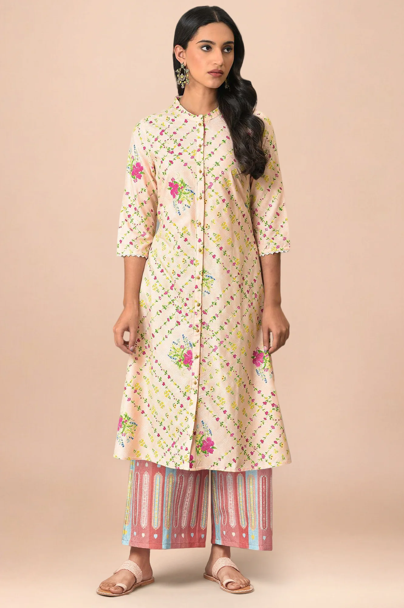 Light Orange Floral Printed Lace Rayon A-Line Kurta and Parallel Pant Set