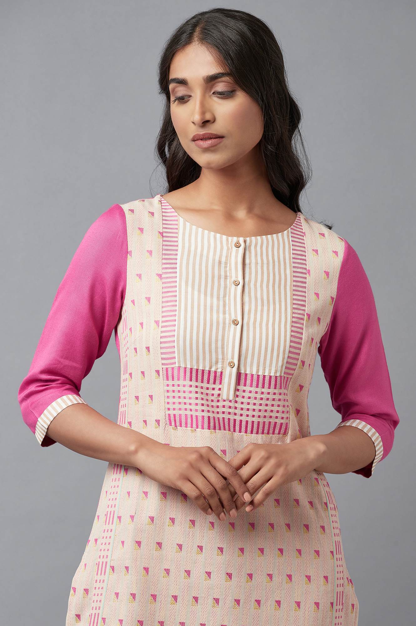 Light Pink Cotton Dobby kurta In Round Neck - Image 5