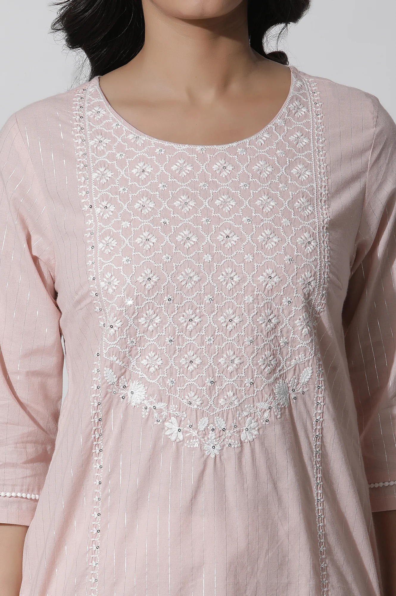 Light Pink Embroidered Cotton Lurex Kurta - Image 6